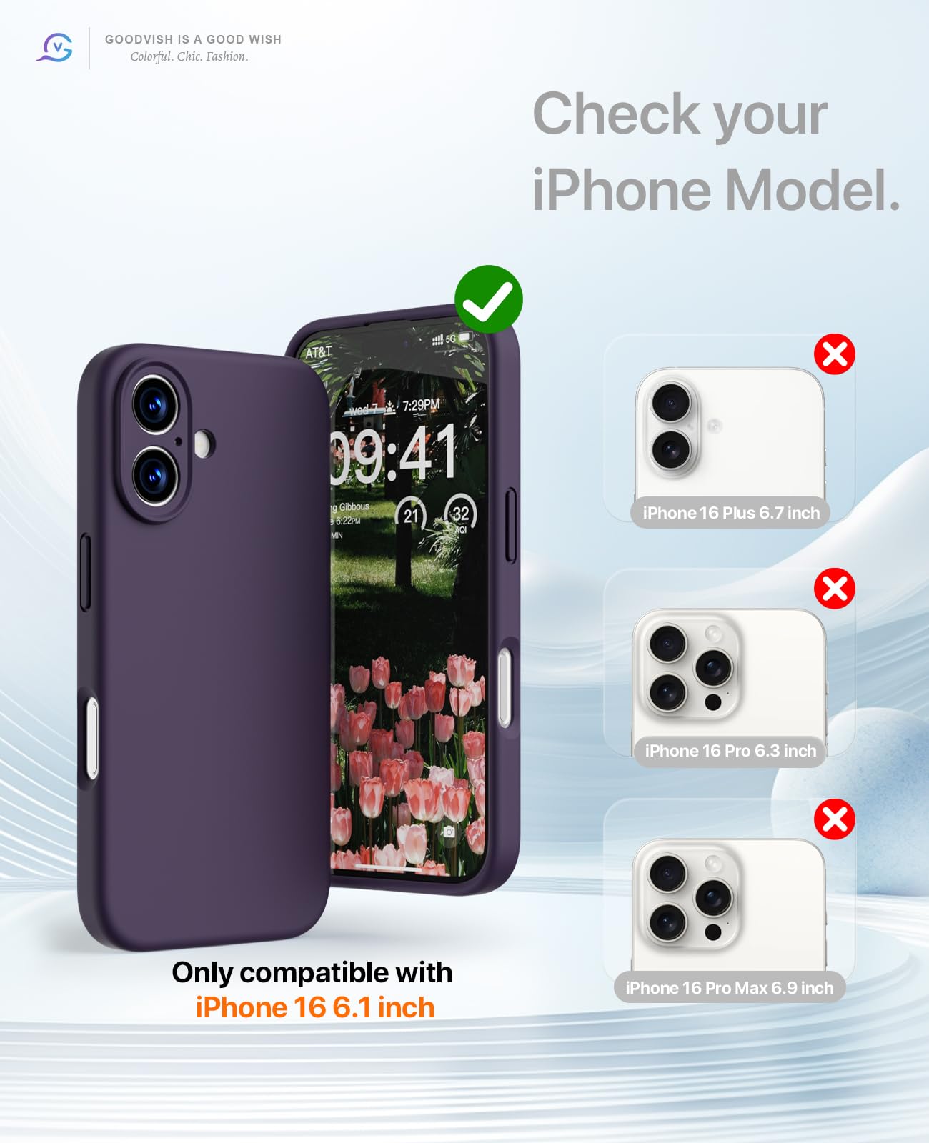 GOODVISH 3 in 1 Silicone Cover per iPhone 16 6.1", Custodia con 2 Pellicola Vetro Temperato [Protezione Fotocamera] 360° Protezione Anticaduta Case per Cellulare Antiurto Resistente, Viola Scuro