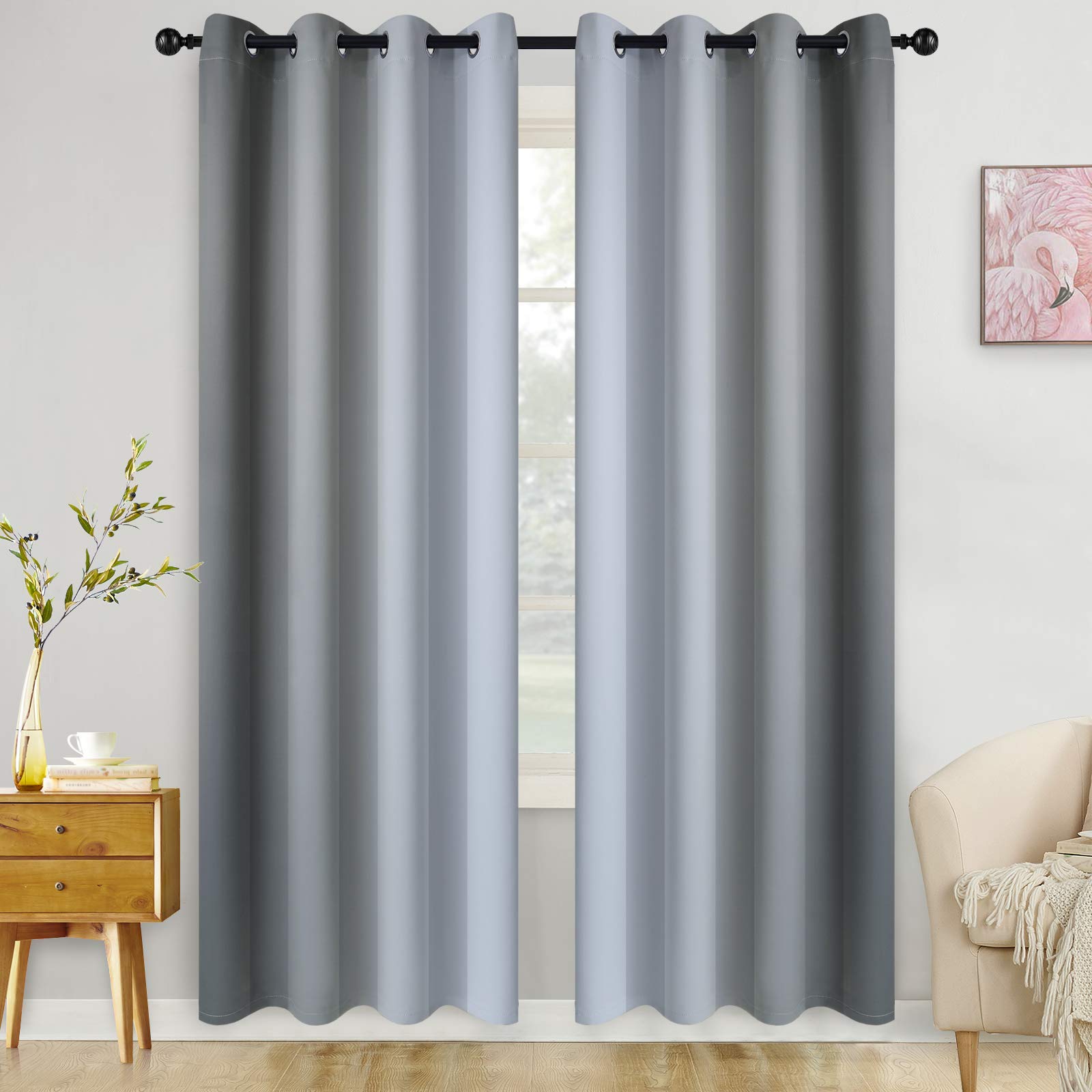 COSVIYA Grommet Ombre Room Darkening Curtains 84 inch Length 2 Panels, Gray and Grayish White Gradient Drapes Light Blocking Insulated Thermal Window