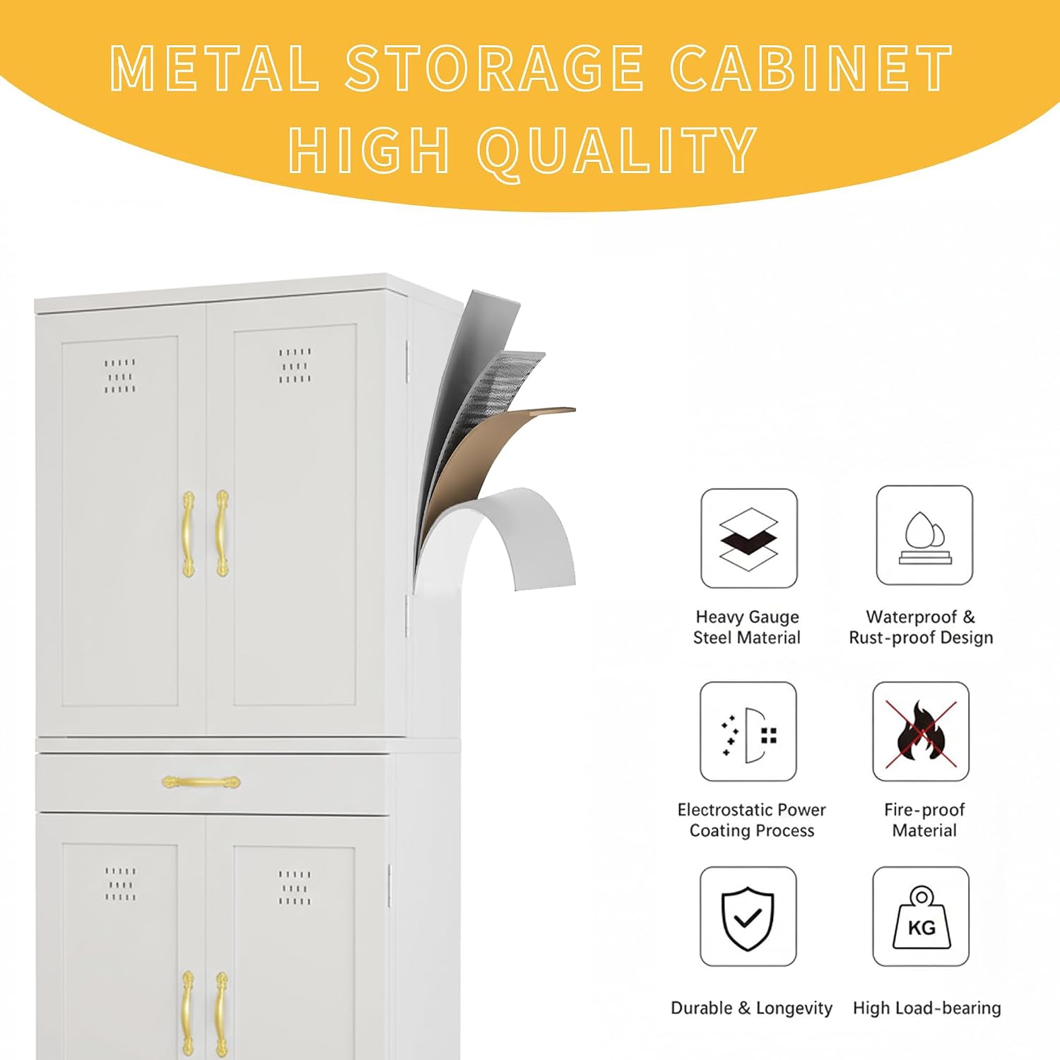 DWVO Metal Storage Cabinet, 71" Kitchen Pantry Cabinet with 4 Door & 4 Adjustable Shelves & Drawer & Door Rack, 6-Tier Tall White Steel Cabinets for Kitchen, Living Room, Dining Room