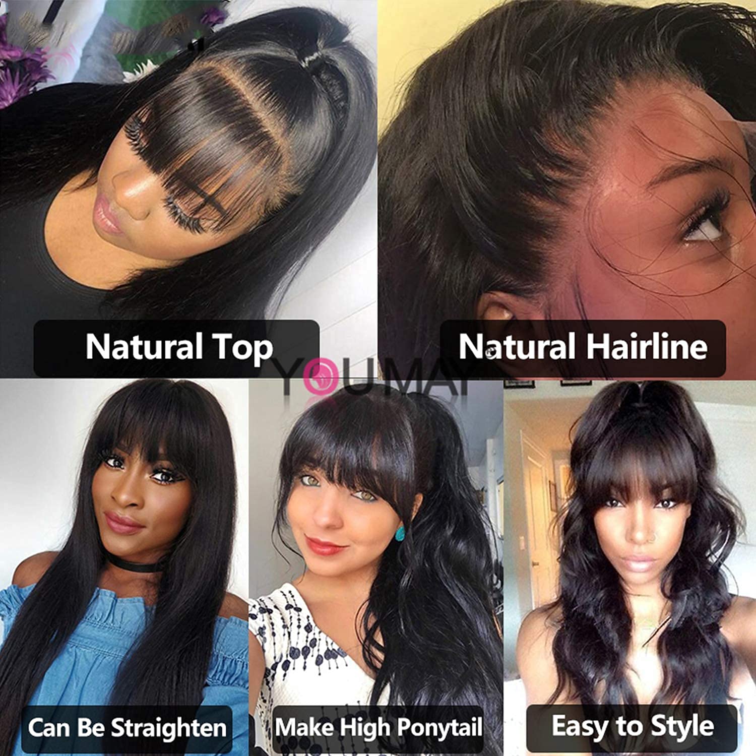 Coisini hair Body Wave Lace Front Wigs With Bangs 10 Inch Brazilian Virgin Human Hair Wig With Baby Hair Pre Plucked 130% Density Remy Hair Wig Natural Color