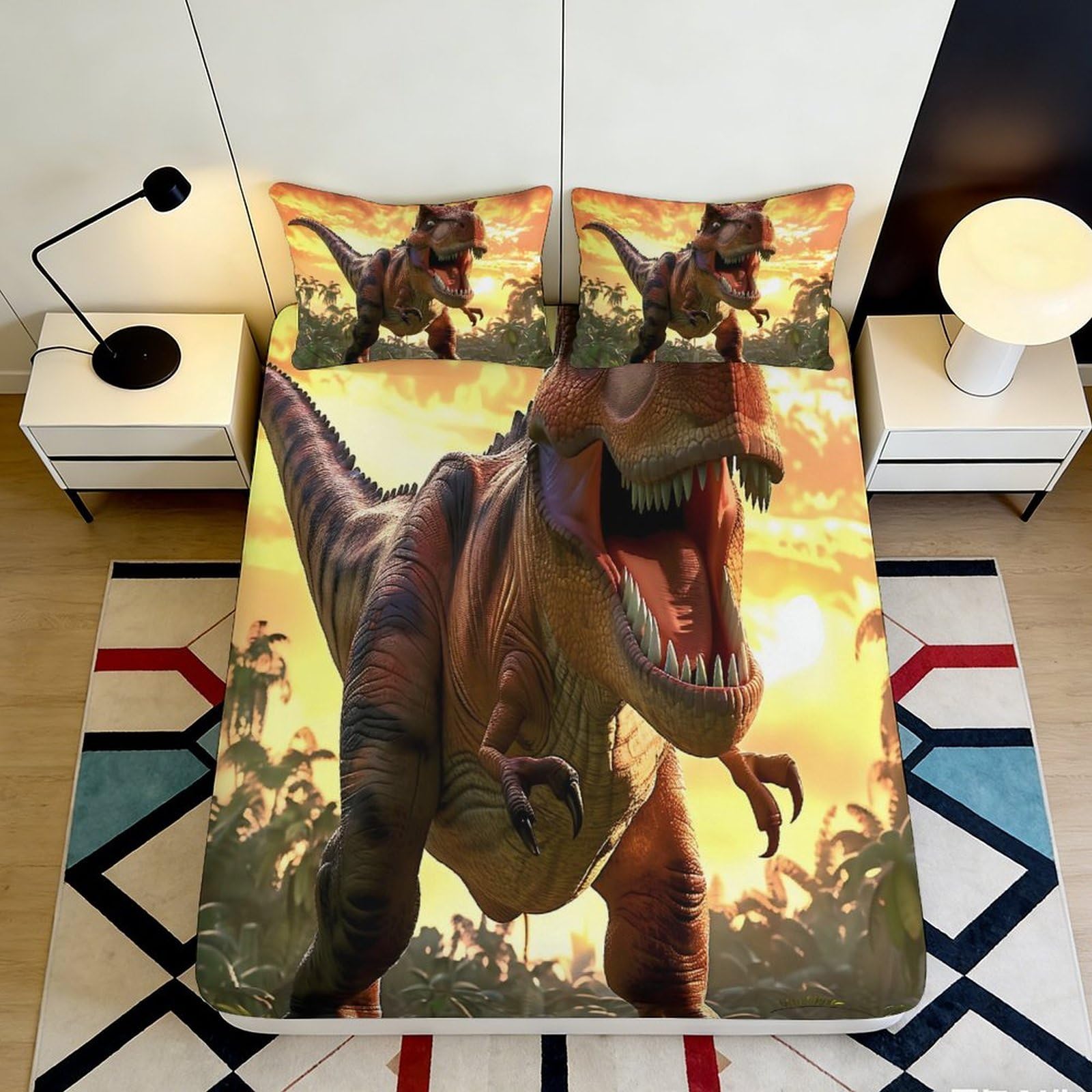 3D Printed Dinosaur Sunset Fitted Sheet Microfiber Soft Anti-Slip Jungle Scene Mattress Cover Bedroom Decor 160x200x25cm
