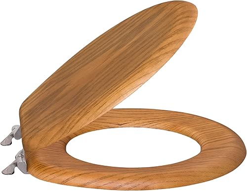 Asiento de inodoro redondo de roble con bisagra cromada