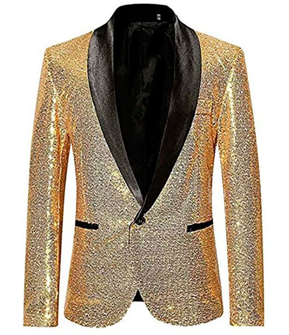 Botong Men's Gold Shawl Lapel Sequined Jacket Regular Fit Single Breasted Tuxedos Blazer Prom Party Coat Perforce Jacket 52 Chest / 46 Waist