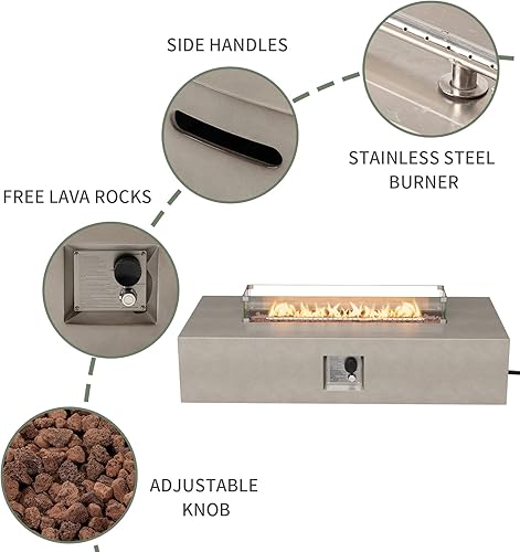 Miniatura 28 de COSIEST Fogata cuadrada de propano de piedra arenisca para exteriores de 35 pulgadas con protector contra el viento y mesa auxiliar, quemador