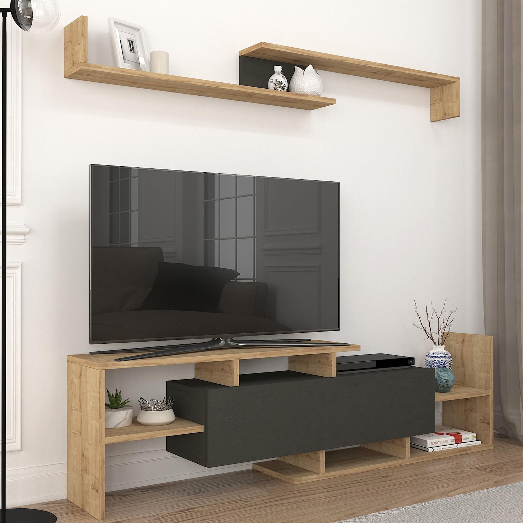 [en.​casa] Set di Mobile Porta TV e Mensola da Parete Stand Multimediale con Scomparto Chiuso e Vani Aperti Pensile a 2 Ripiani Soggiorno Camera da Letto - Effetto Rovere Zaffiro/​Nero