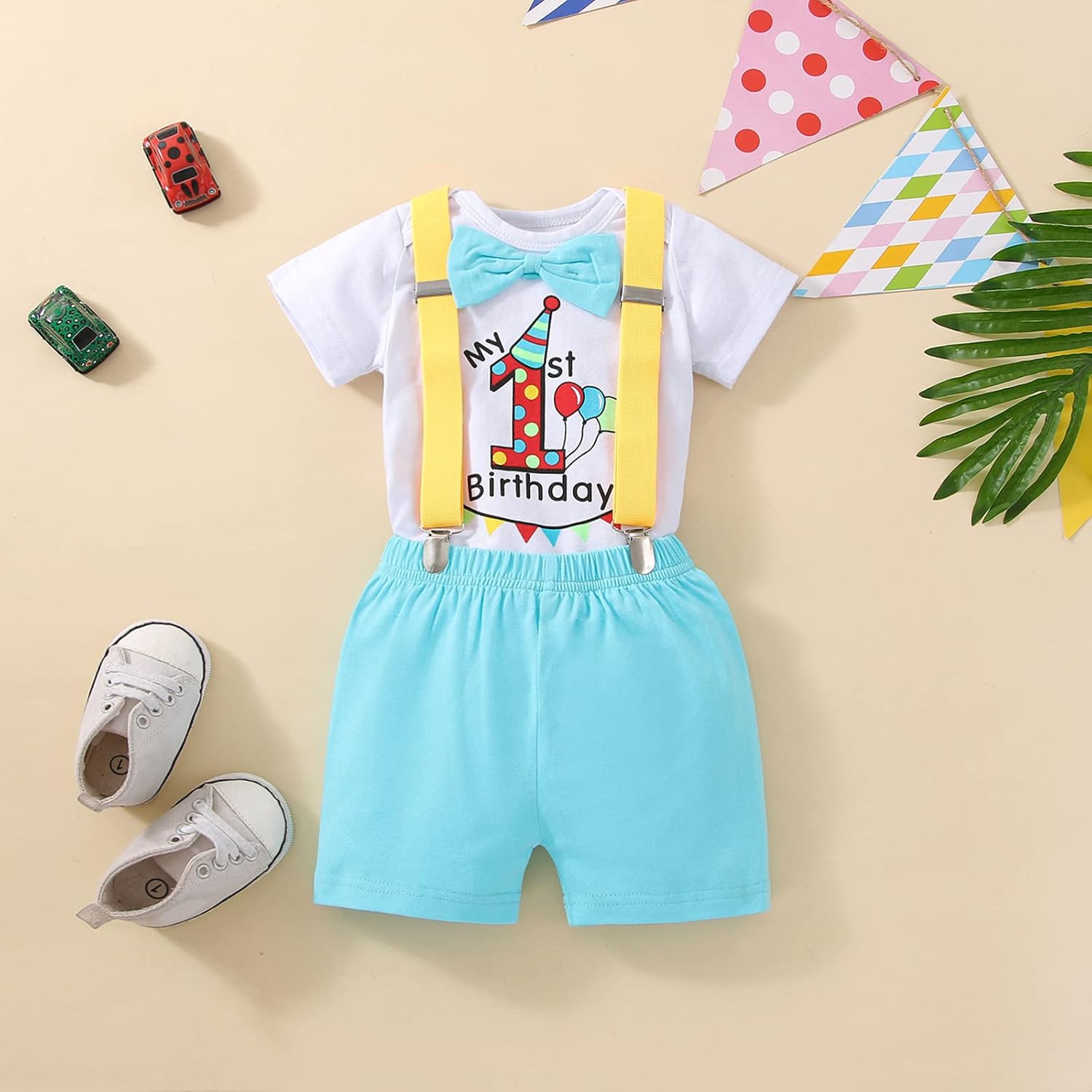 Baby Boy Funny First Birthday Clothes Infant Clothes Bow Tie Dinosaur Themed Romper Pants Set Suspenders - Image 2