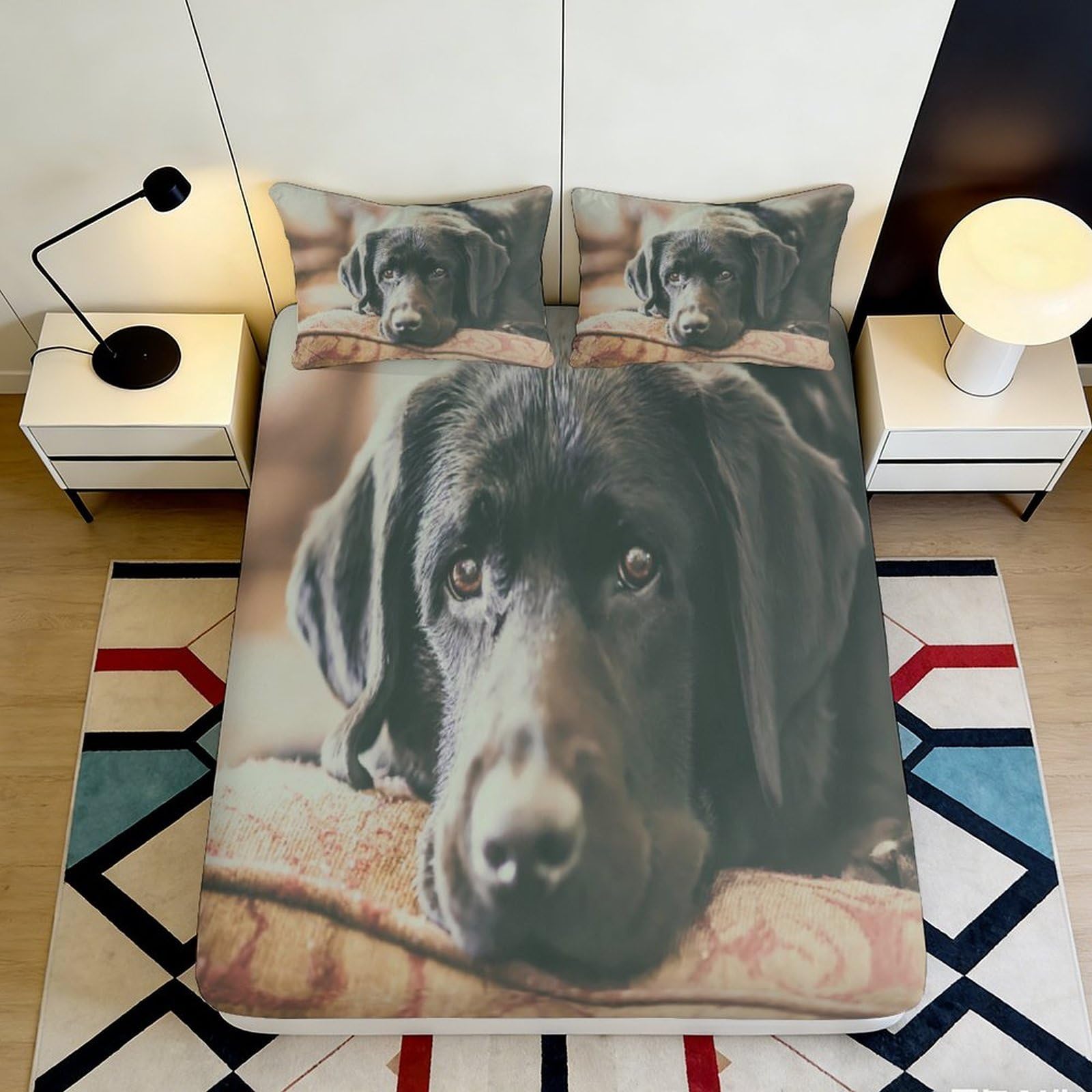 3D Printed Black Labrador Fitted Sheet Microfiber Soft Breathable Dog Portrait Bed Cover for Bedroom Dorm Protection Decor 90x200x25cm