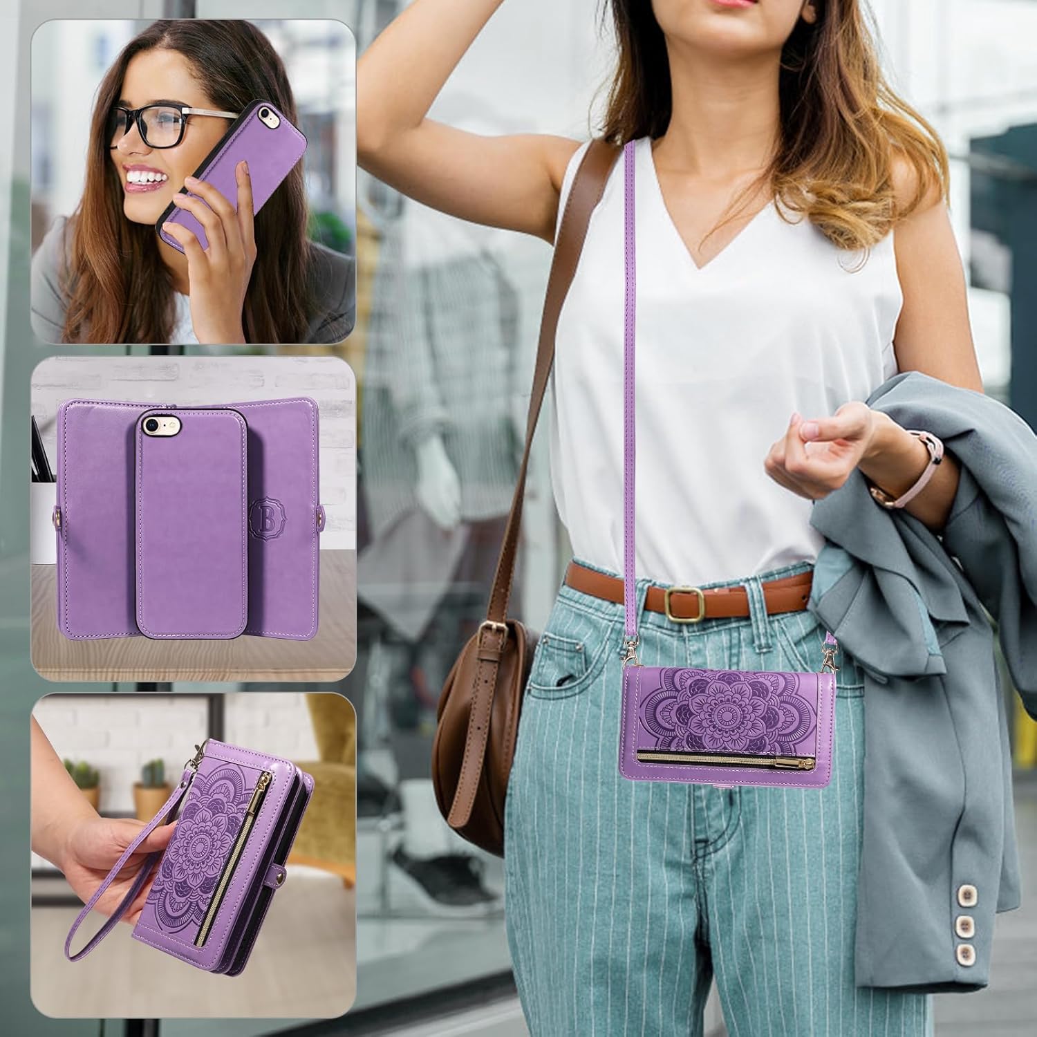 Phone Case for iPhone 7/8/SE 2020/2022 Zipper Wallet Cell Cover with Screen Protector Strap Flower Card Holder iPhone7 iPhone8 7s 8s i SE2020 SE2022 2/2nd/3/3rd Generation SE2 SE3 7SE 8SE Women Purple