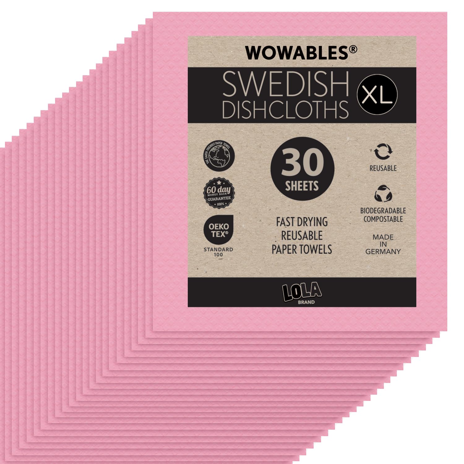 Swedish Dishcloths for Kitchen XL, 30 Sheet Roll, Biodegradable & Compostable, Reusable Paper Towel Cleaning Cloths, 11" x 10", No Odor, Washing