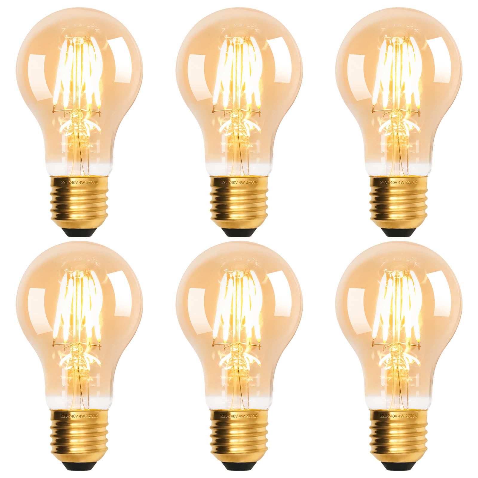 scicent 6 Pack E27 Edison Screw Bulbs, E27 LED Bulb, A60, 4W, 2700K, Amber Glass, Dimmable Vintage Light Bulb, Screw in Light Bulb