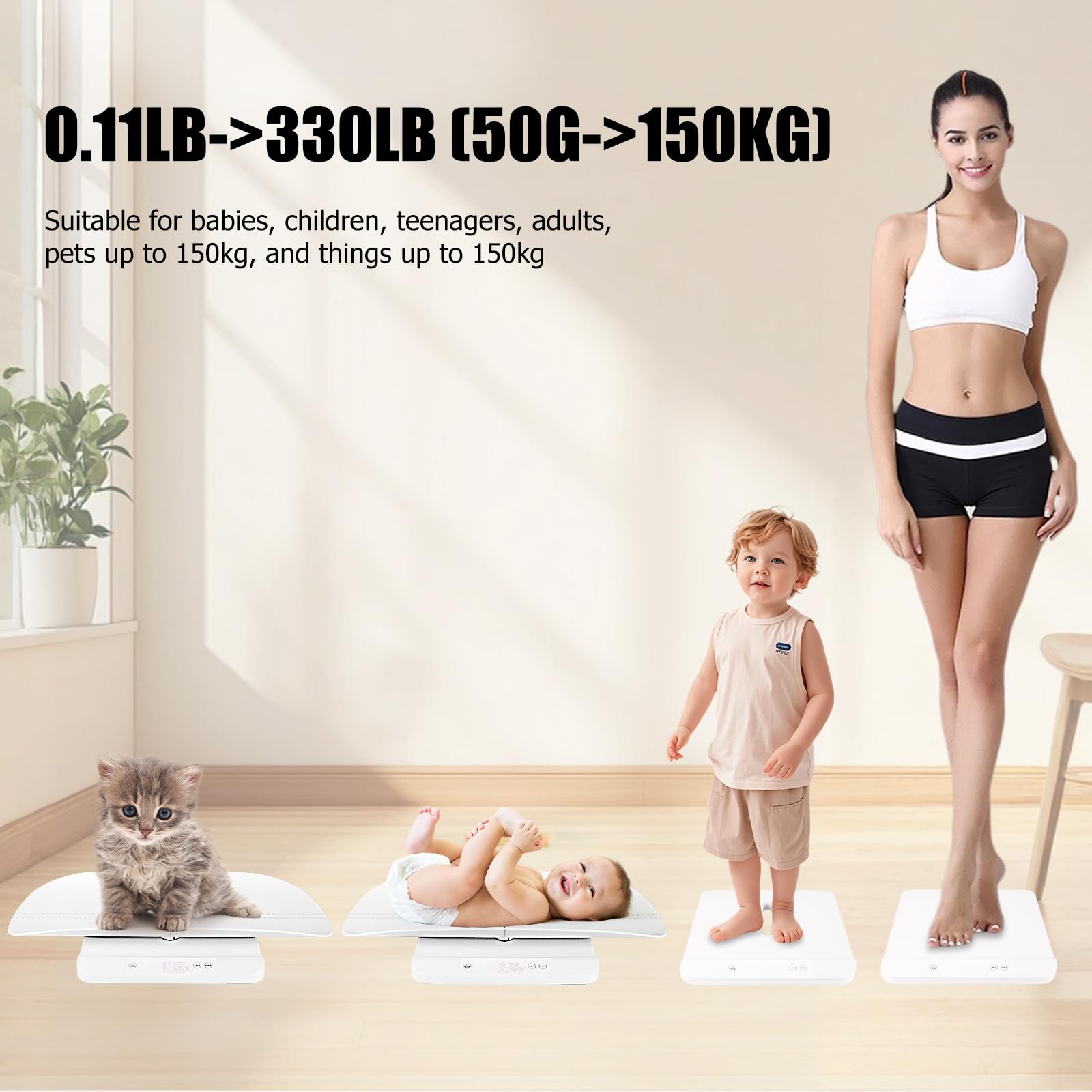 Bilancia digitale per bambini e animali domestici, capacità 150 kg con vassoio staccabile da 60 cm e funzione di tenuta, per neonati, cuccioli, adulti e oggetti, 5 unità, pulsante touch