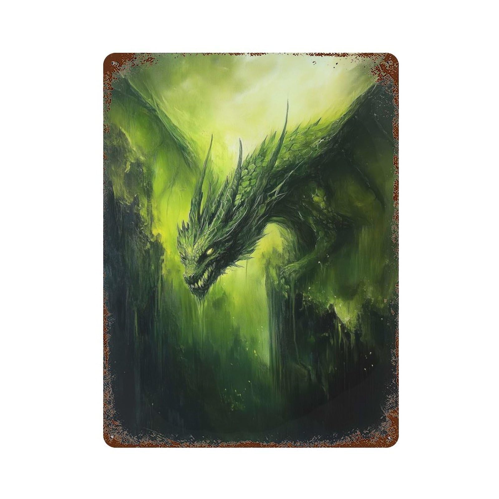 Green Dragon Painting Rusty Metal Tin Sign 15.7"x11.8", Industrial Home Decor for Garage, Pub Or Kitchen