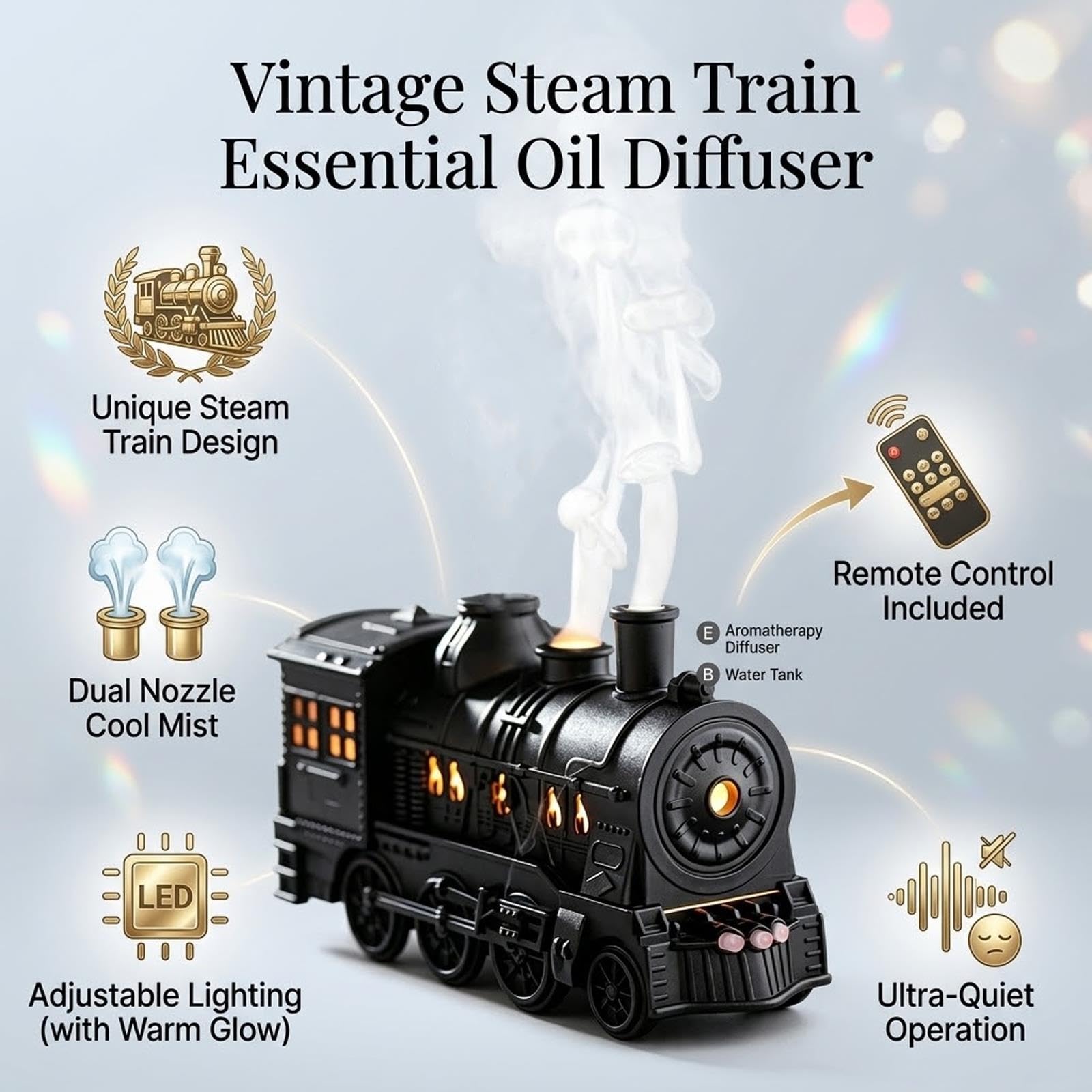 Difusor de Tren navideño, Funcionamiento silencioso, diseño de Niebla fría