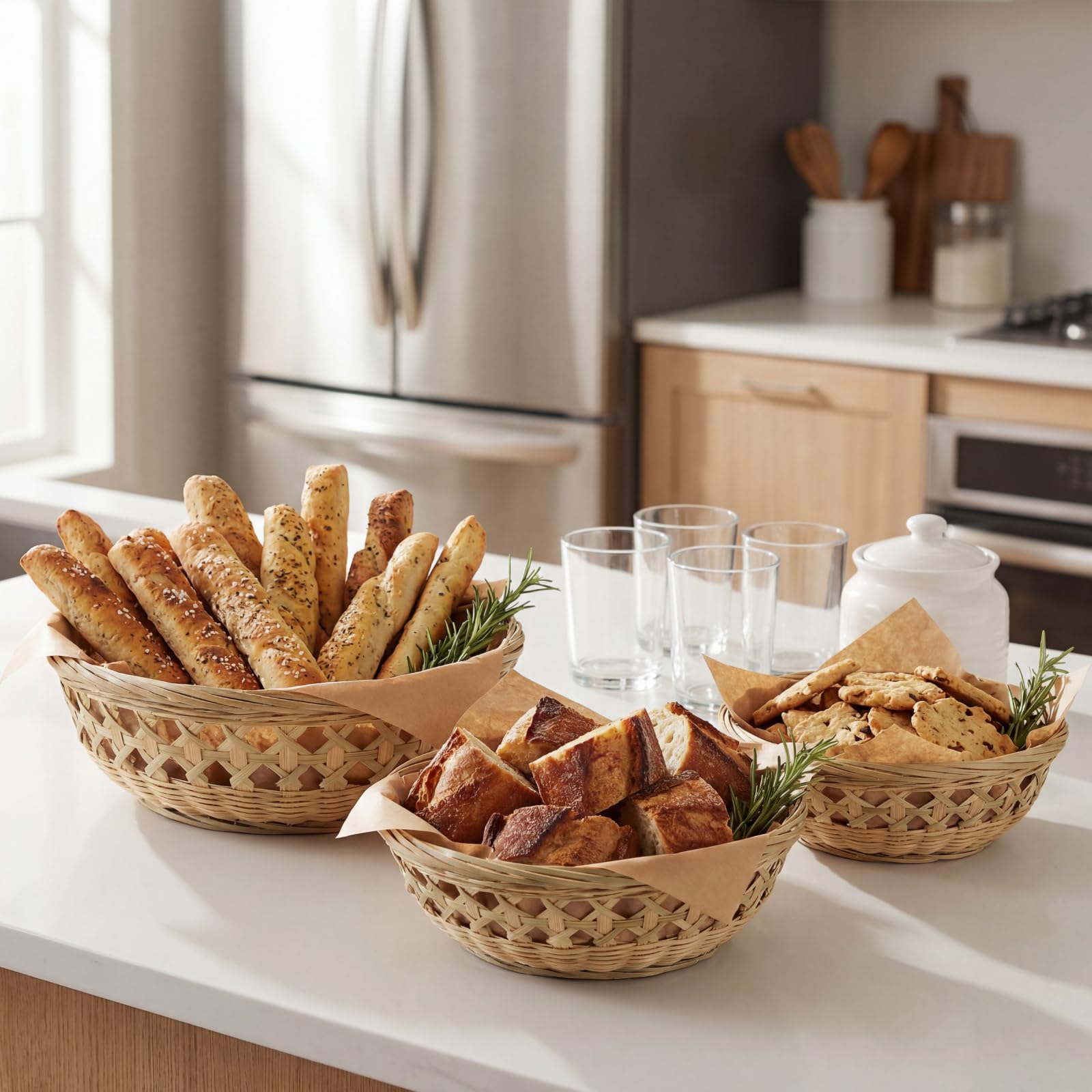 ZENFUN Lot de 3 paniers à pain ronds en osier, plateaux de service en bambou, paniers tissés à la main pour servir, panier à fruits tissé, panier de service en rotin pour salle à manger quotidienne,