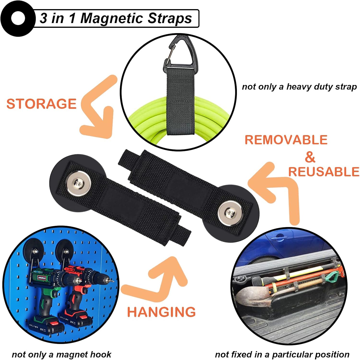 Strong Magnetic Hooks Strap, 2PC Magnetic Garage Storage Hooks, Heavy Duty Magnets Tool Holder for Hanging, Extension Cord Strap for Cable, Rope, Wire, Pick-up, RV, Workshop