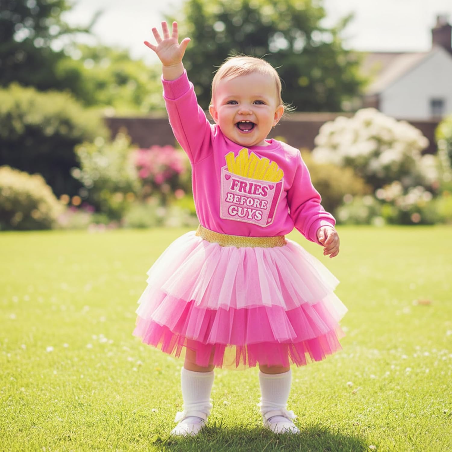 Baby Girl Valentines Day Outfit Fries Before Guys Long Sleeve Sweatshirt Layered Tulle Skirt Set Toddler Spring Clothes - Image 2