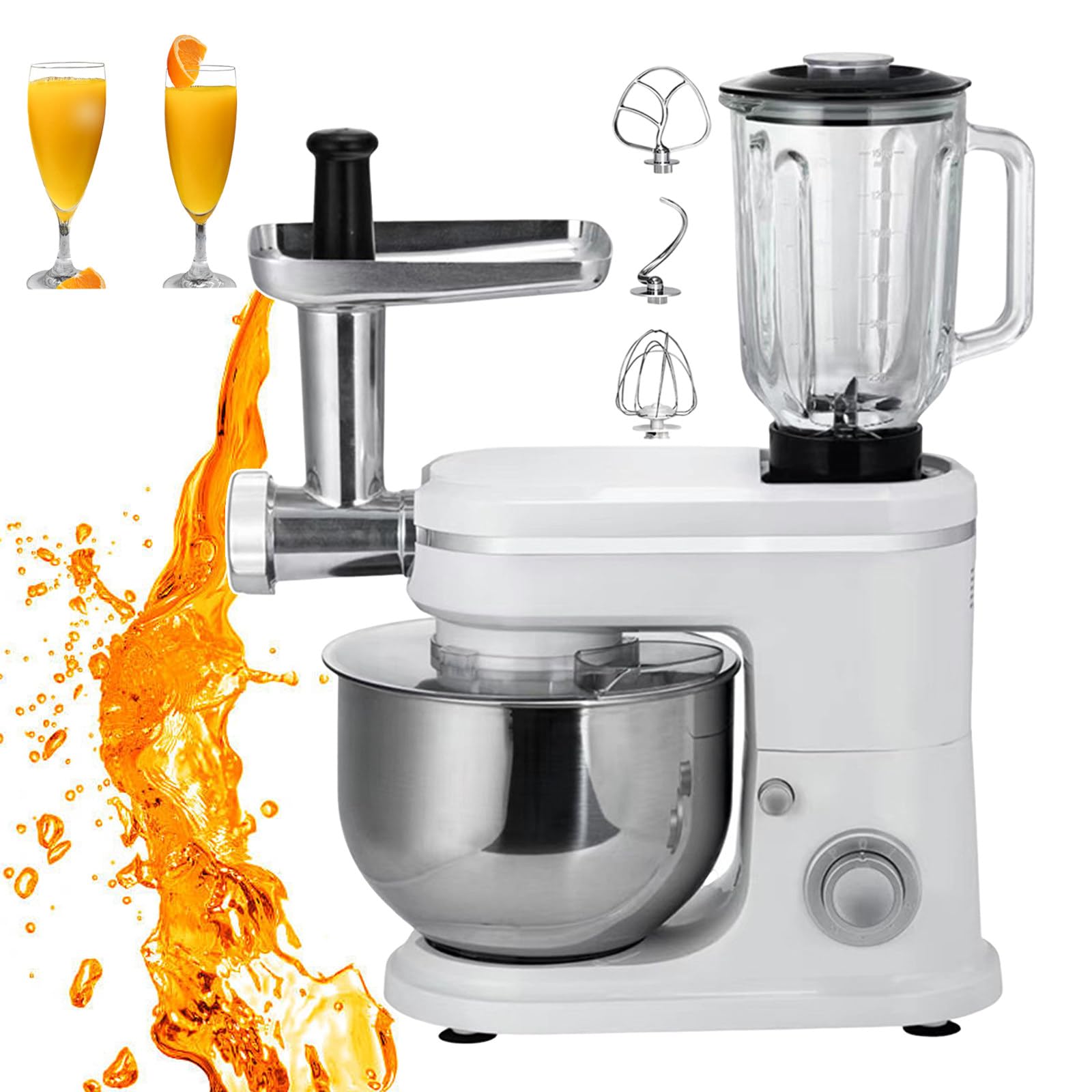 Frullatore e tritacarne da 1500 W, brocca per frullare, Gancio per impastare, Frusta e paraspruzzi, frullatore Elettrico da 6 Litri, Ciotola in Acciaio Inossidabile per preparare ，Bianco