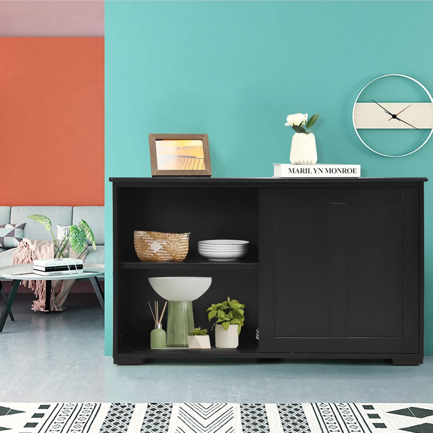 Server Console Table with Sliding Door, 3-Postion Shelf, Classic Buffet Cabinet for Dining, Living Room, Hallway Kitchen Sideboard, Brown (Black)