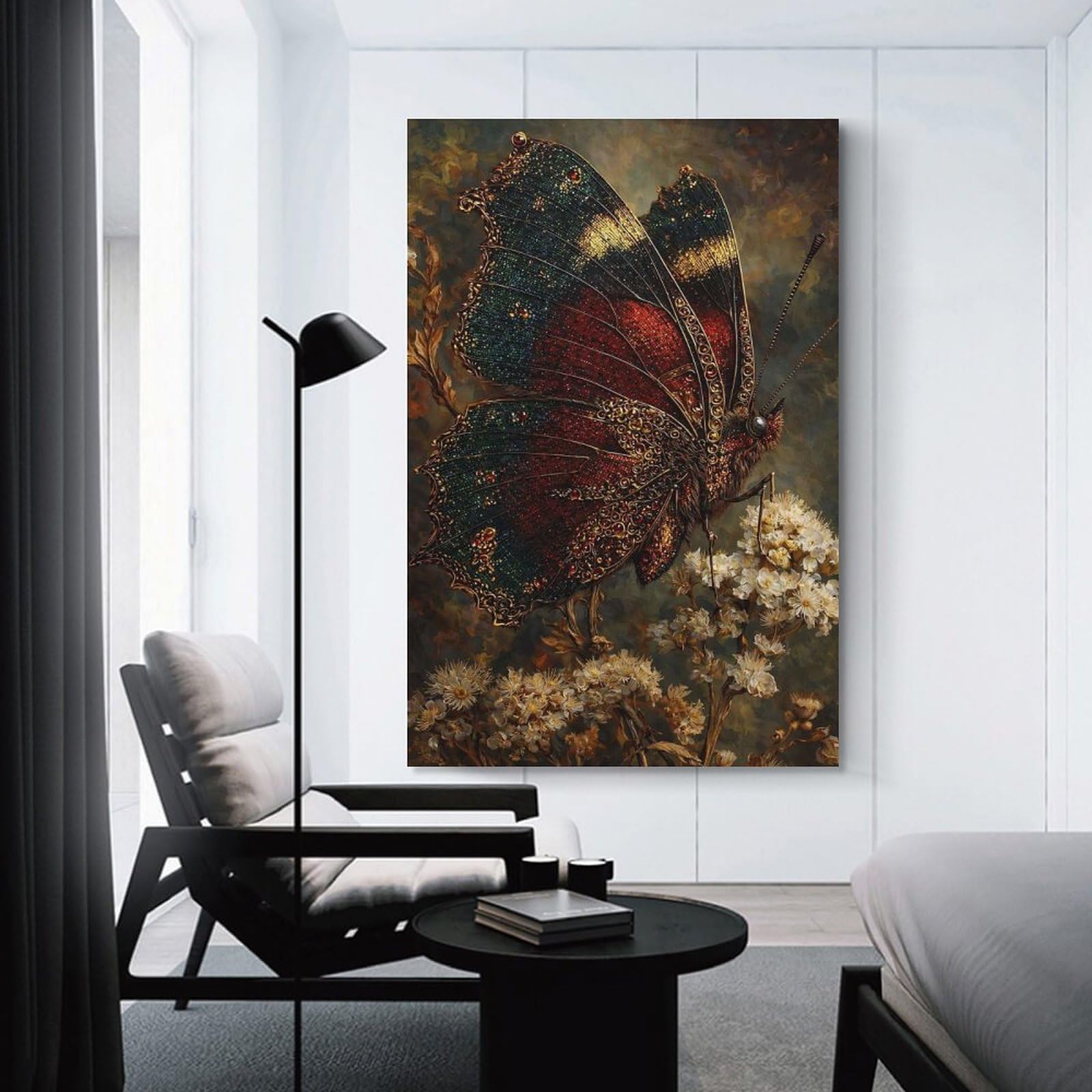 Junmoney Decorative Wall Artwork Ornate Butterfly on Flowers, 24x36inch(60x90cm), for Lounge, Bedroom Or Personal Spaces, Gift Idea for Housewarming And Birthdays