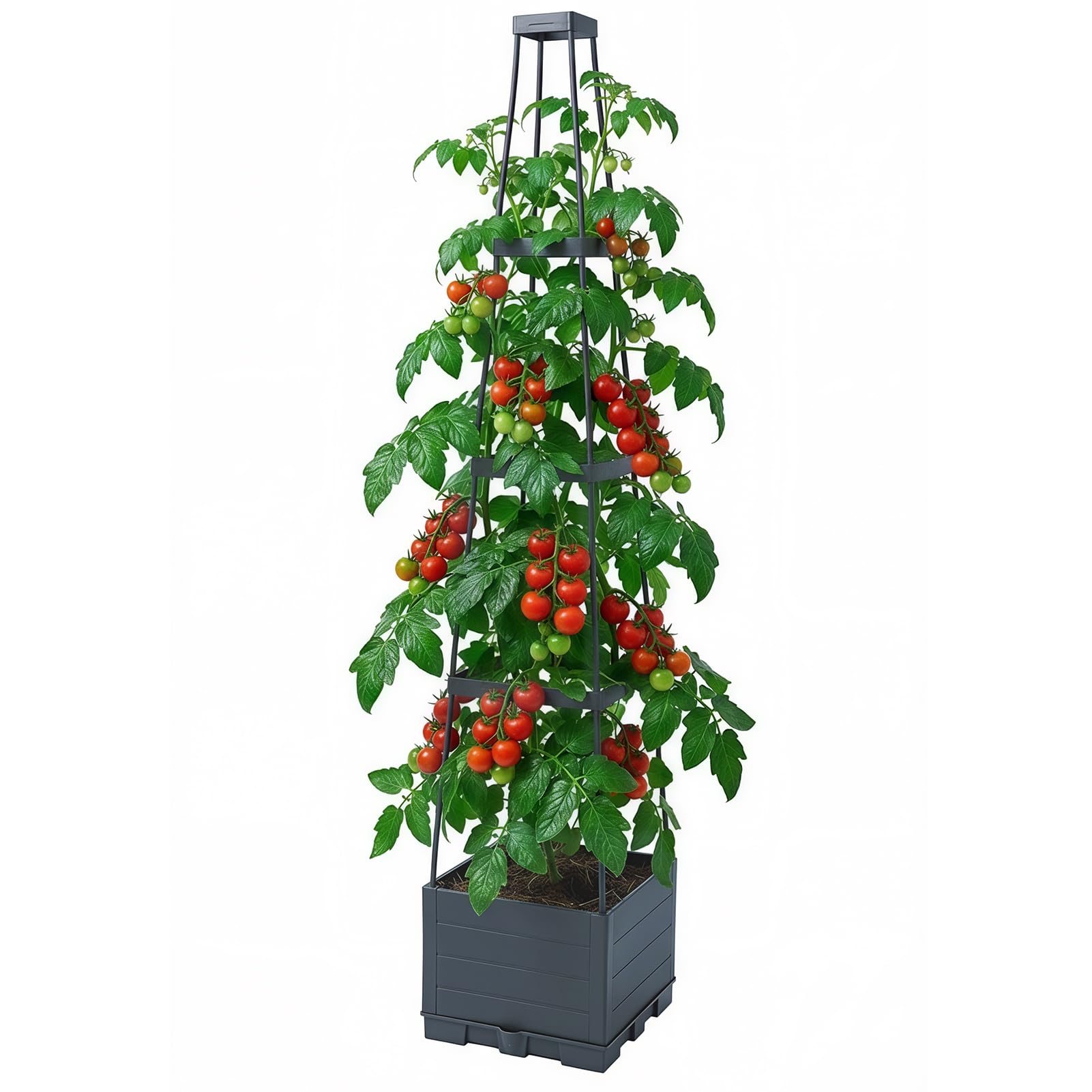 Warmiehomy Raised Garden Bed with Trellis, Self-Watering Tomato Planters Box, Plastic Tomato Cage for Climbing Plants, Vegetables, Flowers, 28 x 28 x 140 cm, Black