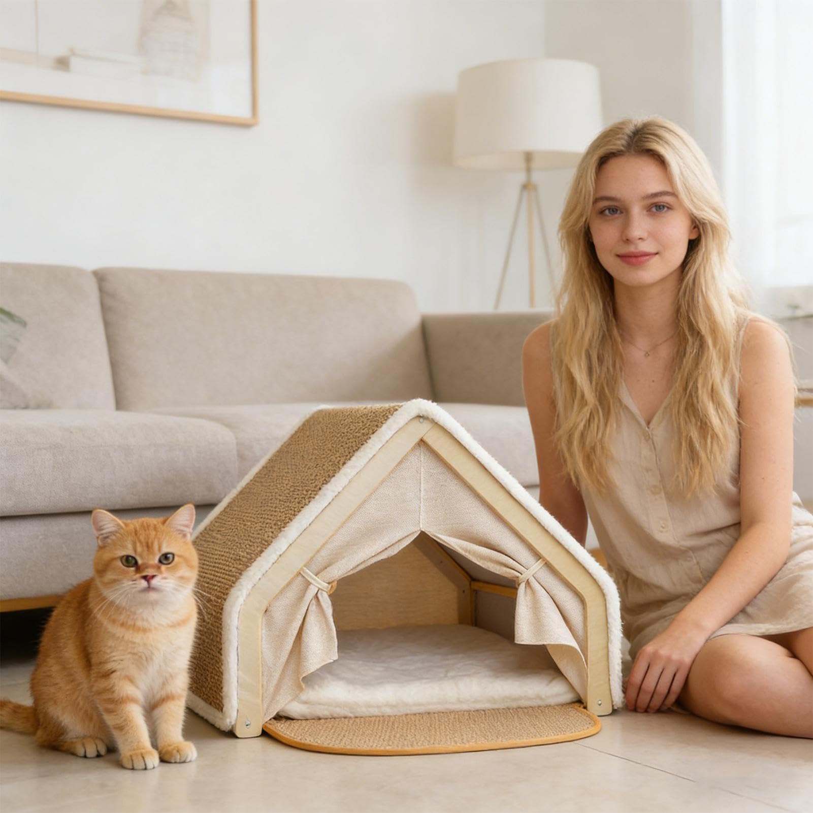 Tenda Cuccia Gatti Casa per con Tiragraffi in Sisal per Riposo e | Rifugio Invernale Caldo per Gatti per Riposo Giochi Casa Ambiente Interno Soggiorno e Pavimento