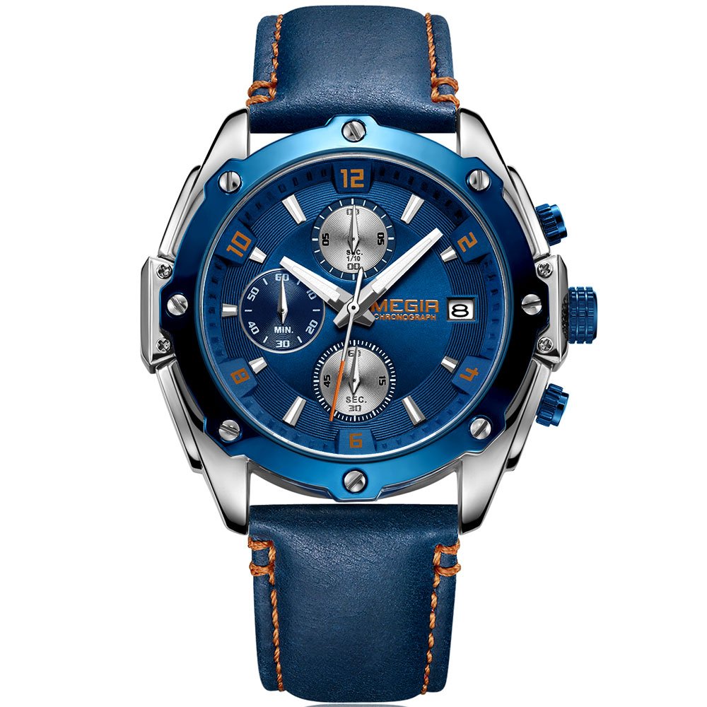 MegirMen's Chronograph Quartz Watches Casual Leather Strap Blue Wristwatch for Man Fashion Luxury Waterproof Luminous Watch