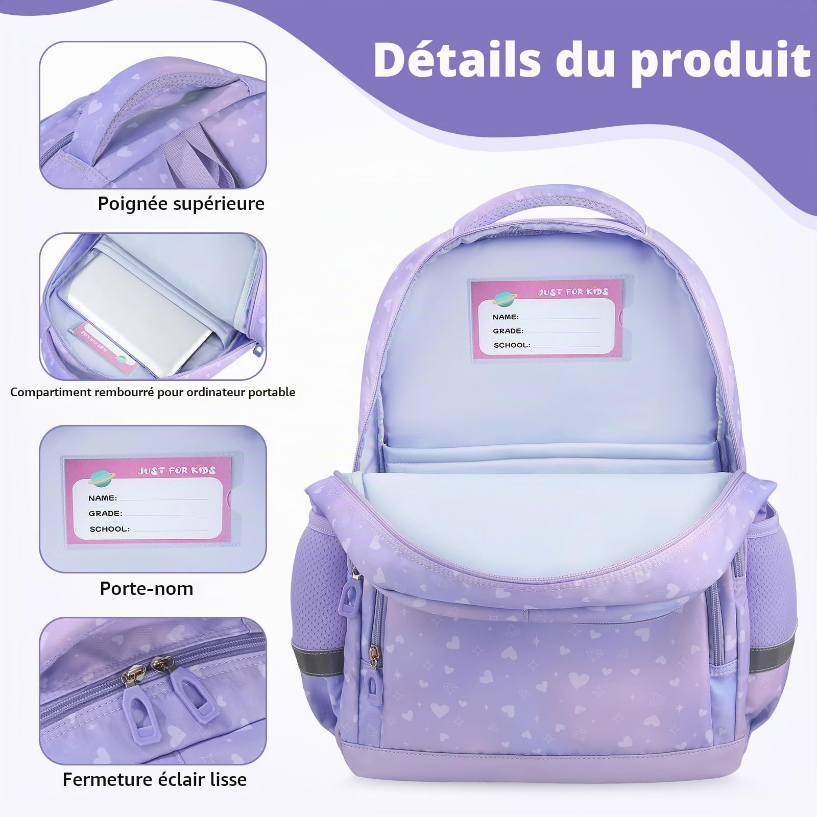 Sac a Dos Enfant Fille Garcon, 20L Cartable Primaire avec Poches, Bande réfléchissante & Boucle de poitrine pour Sports Voyage Cadeau Enfant - Dégradé Violet