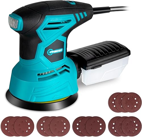 Miniatura 1 de Lijadora orbital aleatoria de 2.5 A con 16 papeles de lija de 13000 rpm, 6 velocidades, 300 W, potente lijadora eléctrica orbital para carpintería,