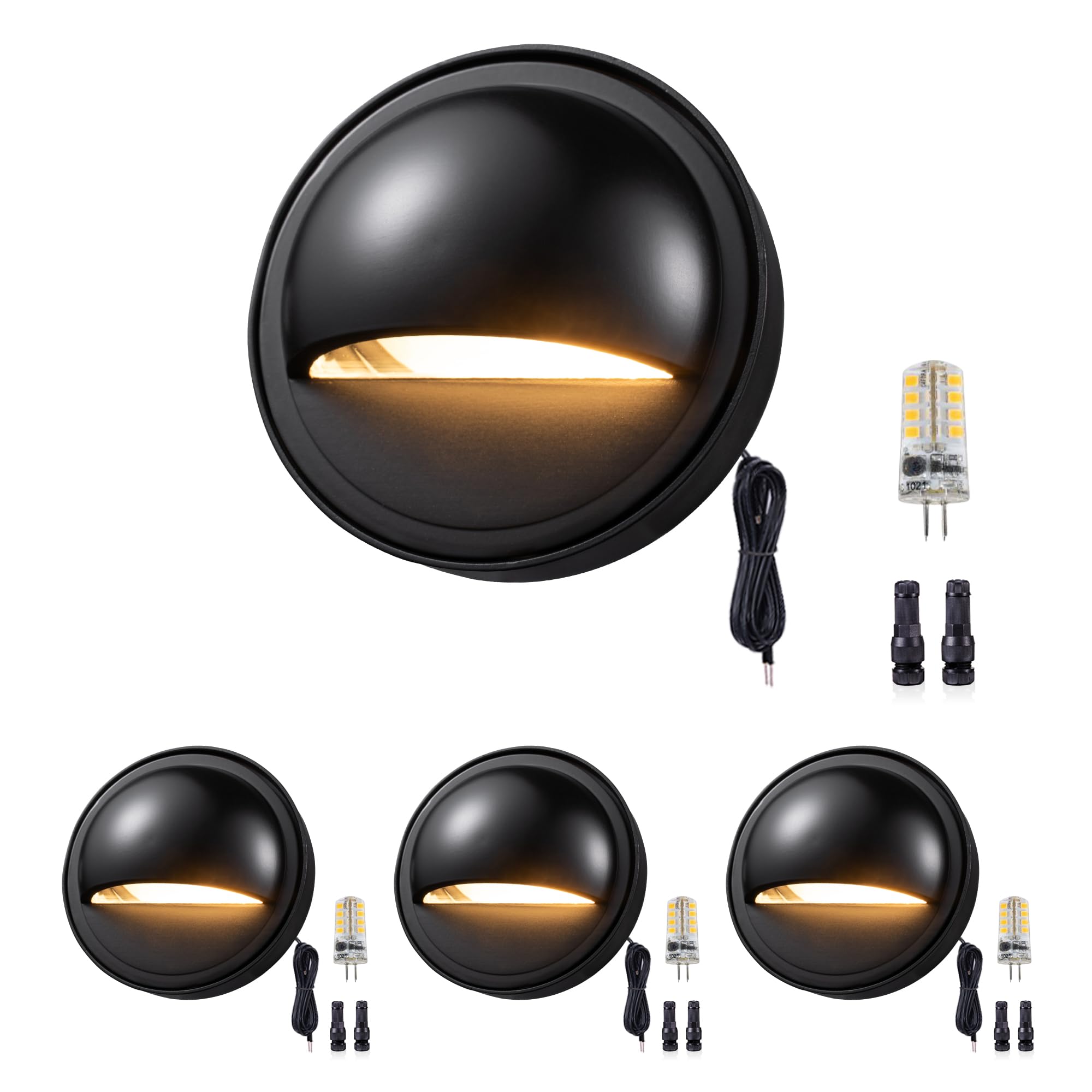 Gardenreet Low Voltage LED Deck Lights - Solid Brass Landscape Step Lights, Outdoor 12V Hardwired IP65 Waterproof, Black Round for Stair Patio Wall Yard with 3W 5000K Daylight G4 Bulb 4 Pack