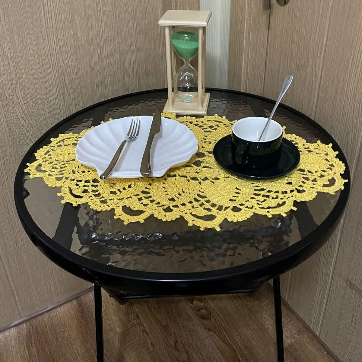 BIBITIME Crochet Knitted Table Doilies Lace Doily Handmade Placemats Kitchen Cup Mug Mats (4PCS-11.8" x 22", Style03-Yellow)