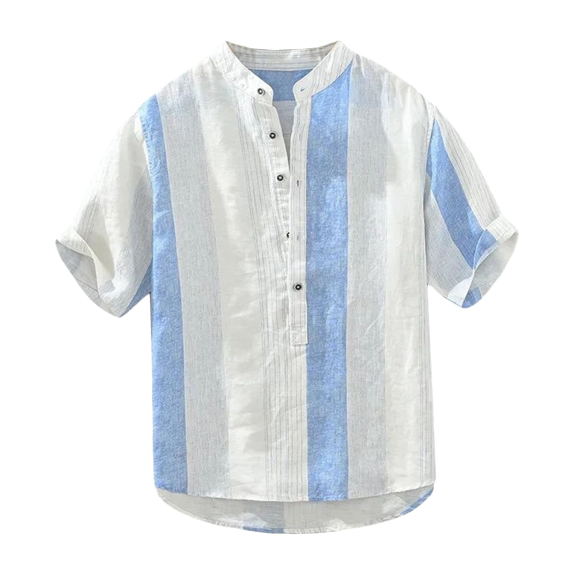 Stand Collar Striped Blouse for Men Literature Style Half Button Pullover Tops Classic Breathable Short Sleeve Shirt
