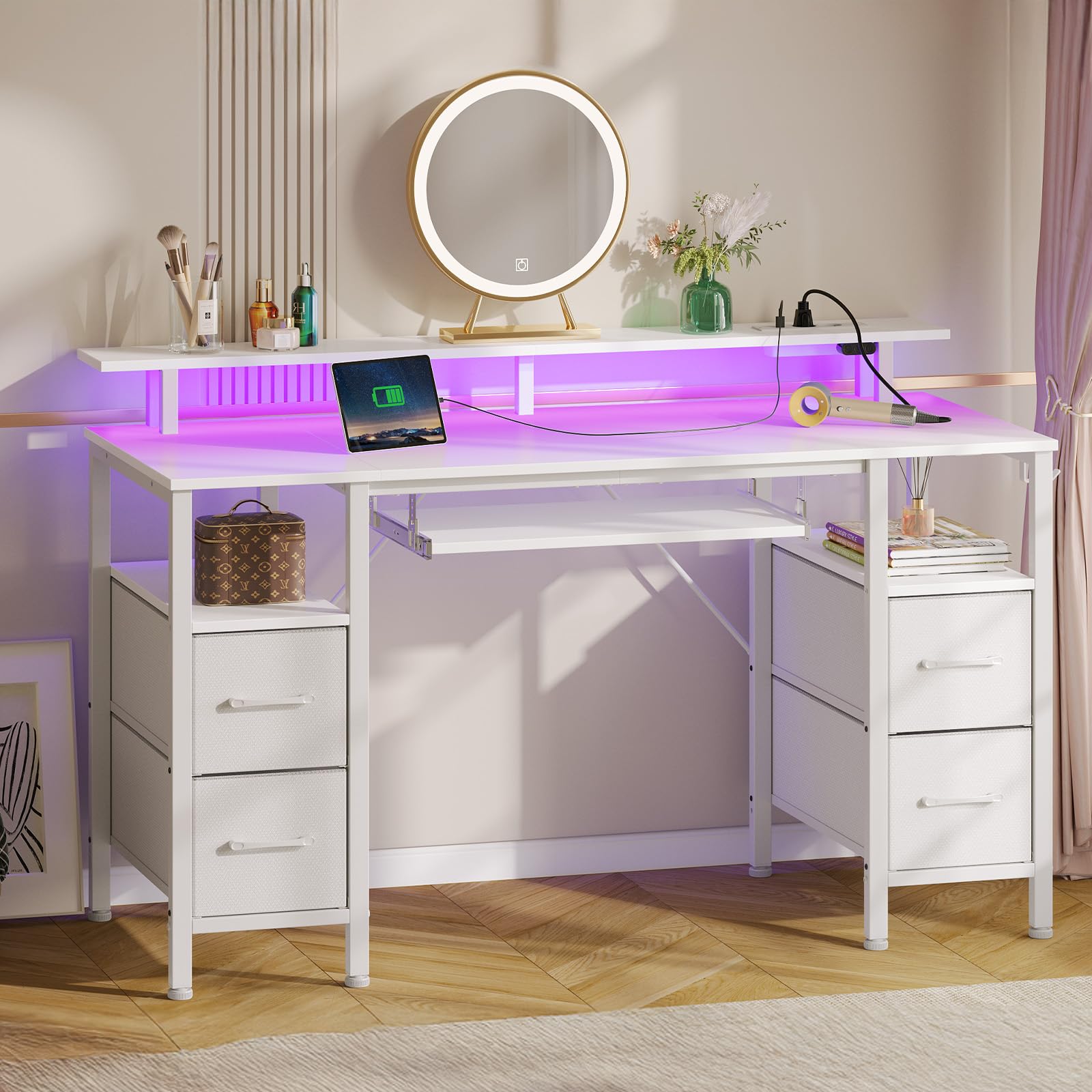 Rolanstar Schreibtisch mit Schubladen, 120x47cm Gaming Tisch mit Steckdose, LED & Monitorständer, Computertisch mit Tastaturablage, Gaming Schreibtisch für Home Office, Büro, Wohnzimmer, weiß