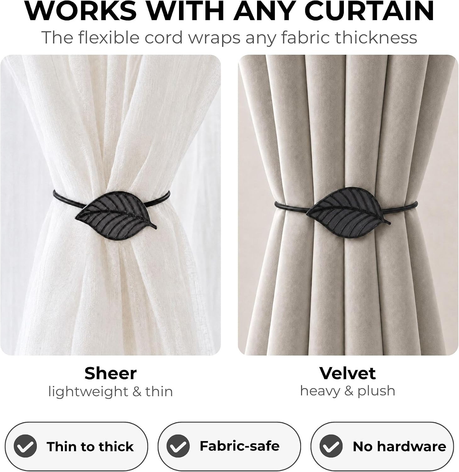 Set of 2 Gray Magnetic Curtain Tiebacks - Refined Leaf Design in Resin - Dual Pack Accessory for Draperies and Window Decor