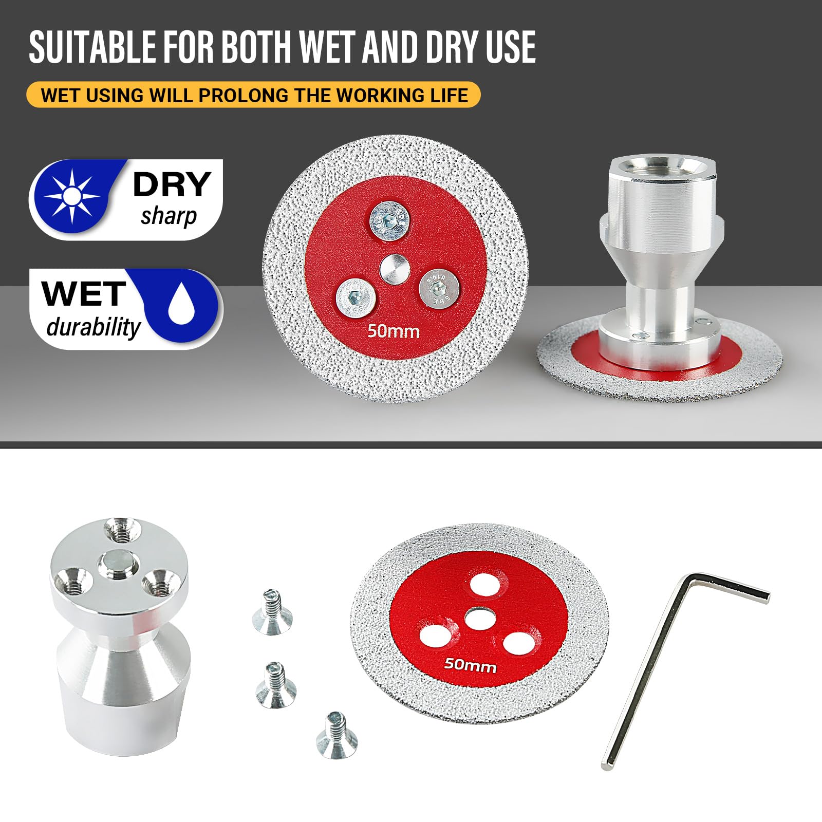 LOZLIN 3 hojas de sierra de espeleología soldadas al vacío de diamante de 50 mm, con brida extraíble de 5/8-11, mini disco de molienda para hormigón, baldosas de cerámica, metal, hojas de sierra (rojo
