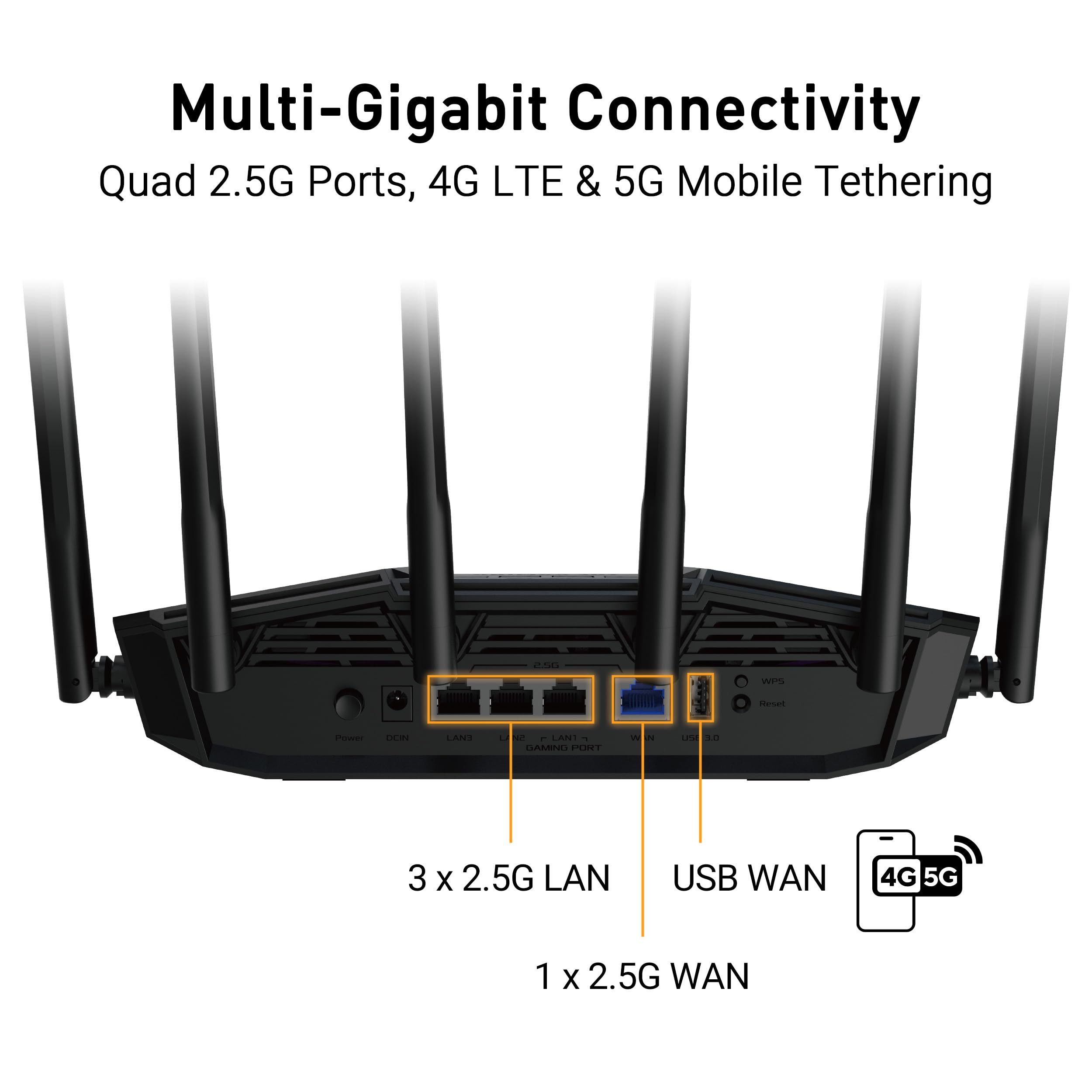 ASUS TUF Gaming BE6500 - Router WiFi 7 - Dual Band, wireless fino a 6,5 Gbps, acceleratore di gioco, controllo Multi-Link (MLO), (x4) Porte da 2,5 GbE, Mesh + VPN compatibile e sicurezza di rete senza