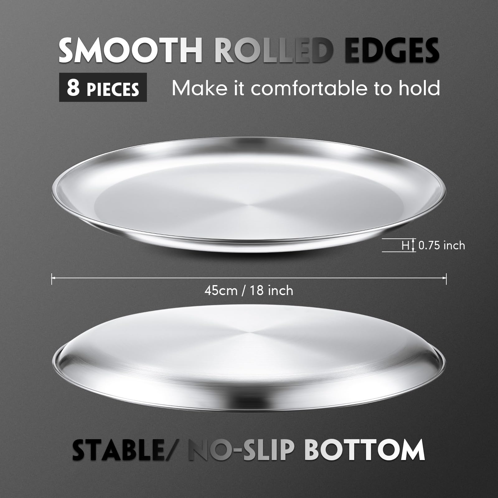 Thenshop Pizzableche aus Edelstahl, 45,7 cm, rund, Backgeschirr, Pizzableche für Ofen, Küche, Backen, Zuhause, Restaurant, sicher, stabil, wiederverwendbar, leicht zu reinigen, mattes Silber, 8 Stück