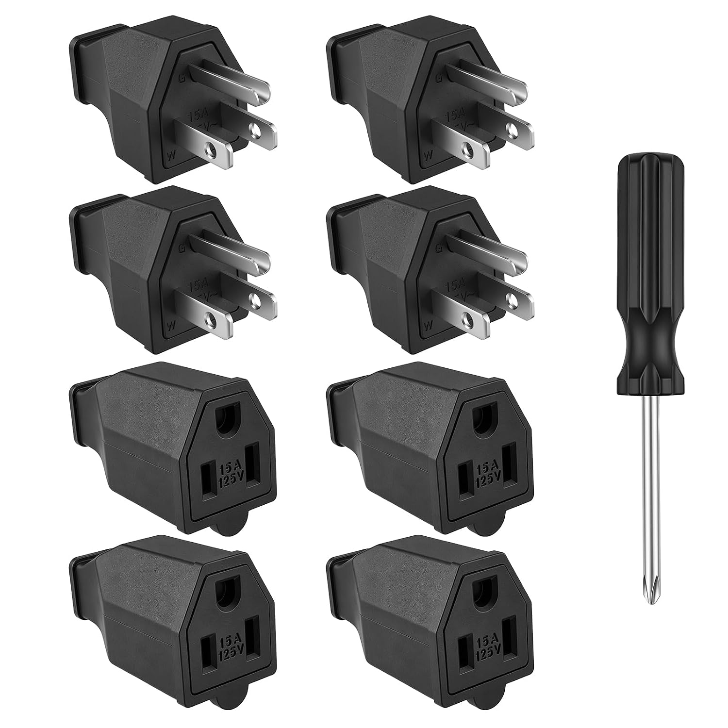 4 Sets Male and Female Extension Cord Replacement Ends | 3 Prong Electrical Plug Repair Kit with Screwdriver, 2-Pole 3-Wire 15A 125V Straight Blade Cord End Plugs for DIY Repair