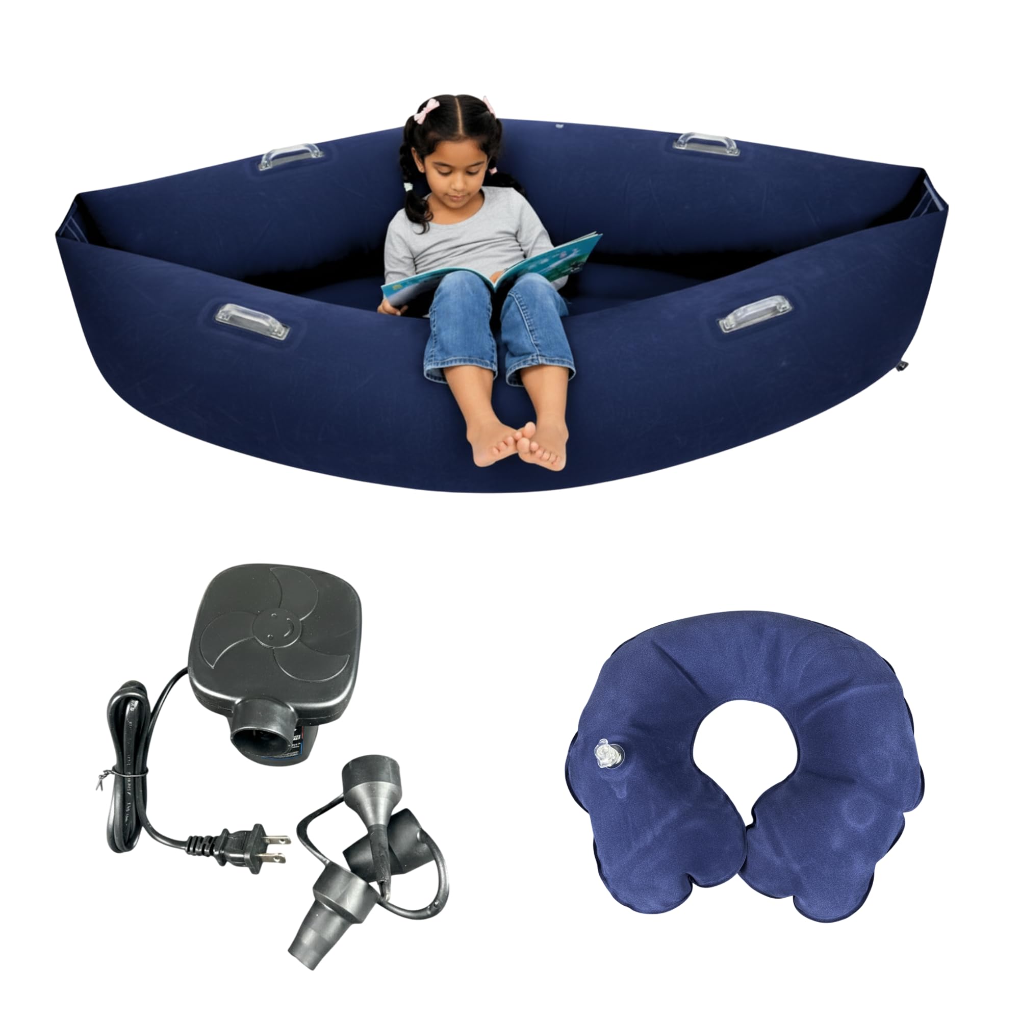 Inflatable Sensory Pea Pod, Navy Blue Therapeutic Relaxation Pod with Support Cushion, Portable Design for Children-image-12