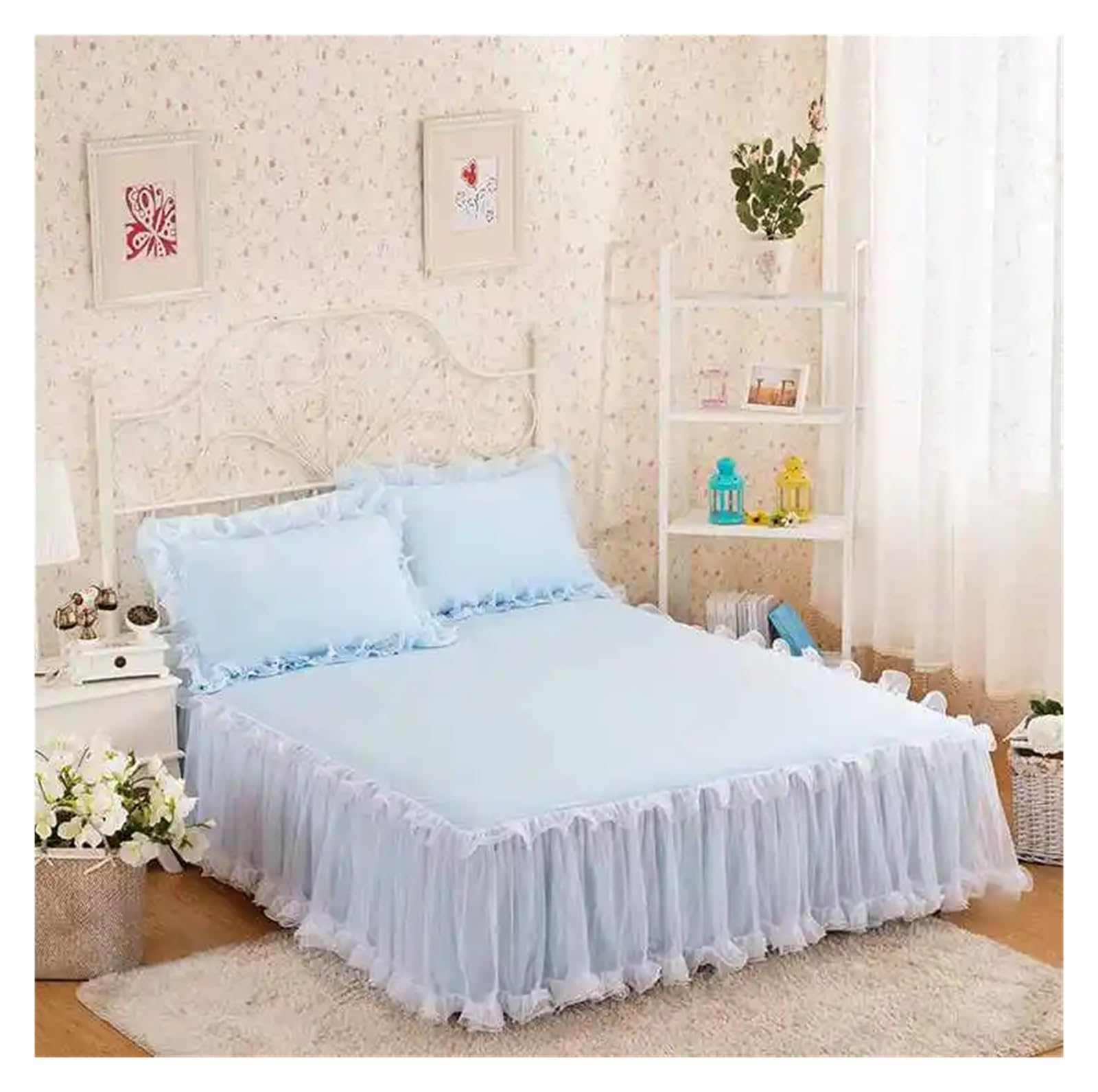 Lace Bedspread, Bed Skirt, Pillowcases, Princess Bedding Sheet, Mattress Cover, Solid Color Home Textile(Sky blue,1pcs Skirt 180 x 220)