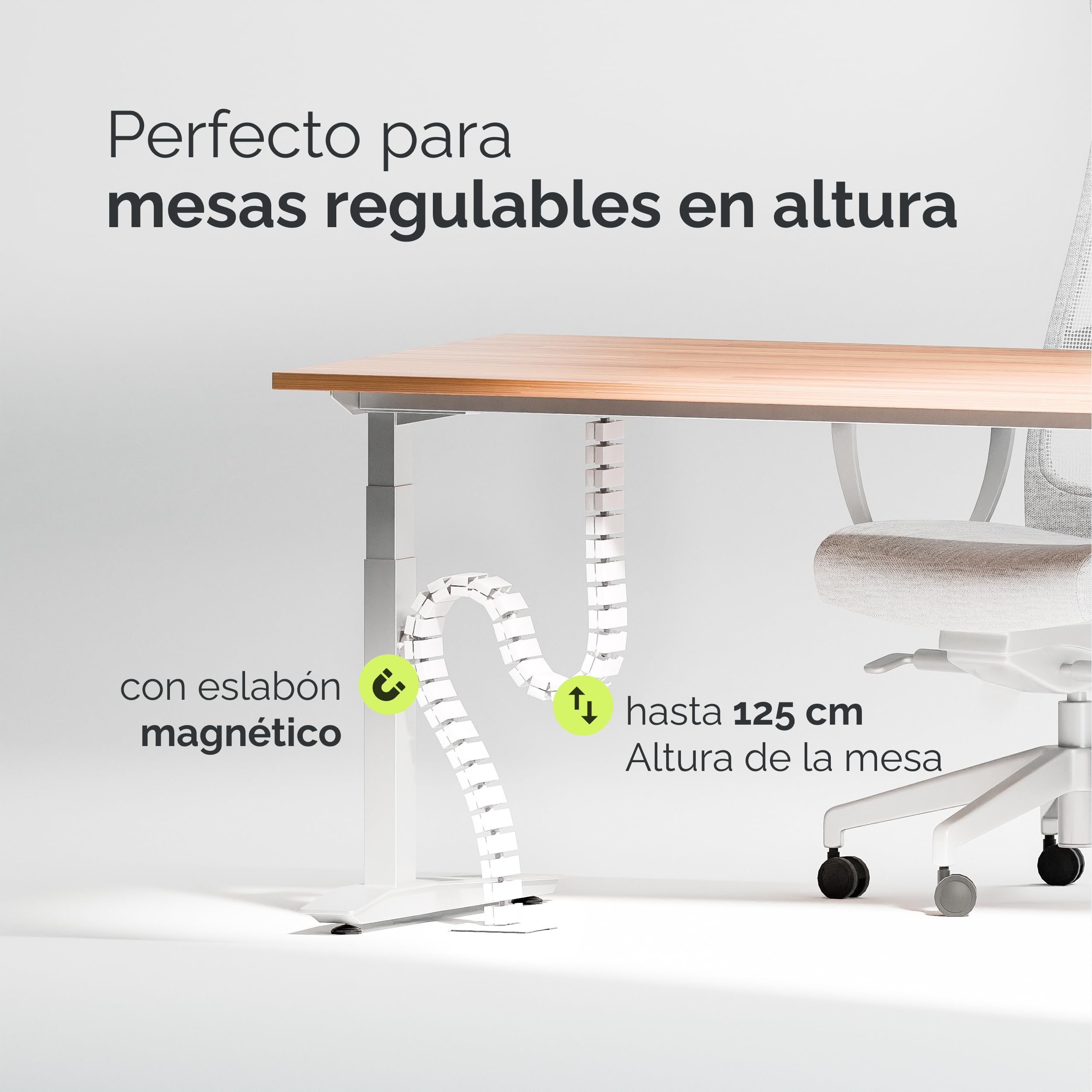 VALU guia pasacables para escritorios hasta 125 cm – Estable y Flexible, eslabón magnético – pasacables para mesas de Altura Fija y Ajustable – Base de Acero & Almohadillas de Goma