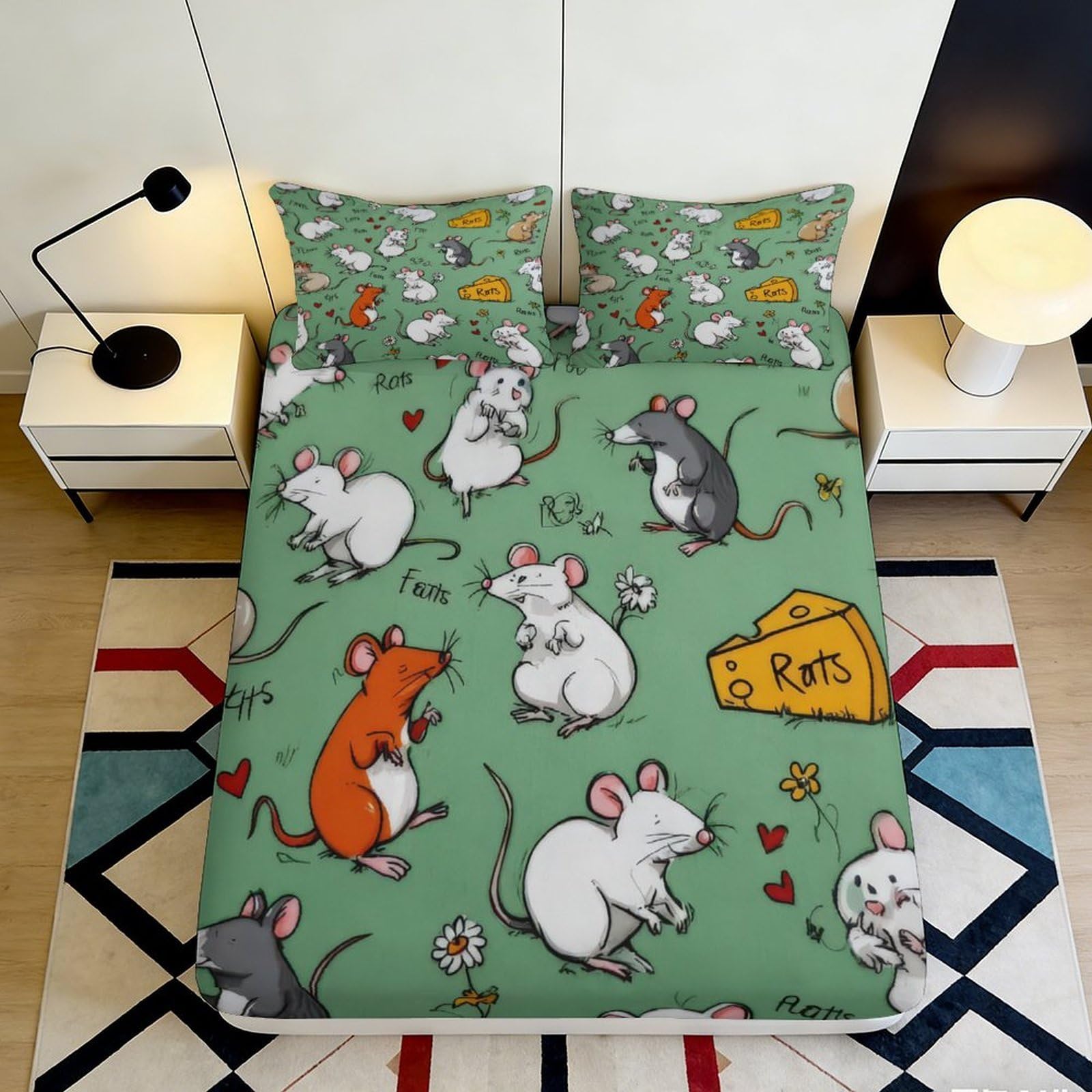 3D Printed Cartoon Rat Fitted Sheet Microfiber Anti-Slip Fun Mouse Bed Cover for Bedroom Guest Room Dorm Decor 115 140x200x25cm