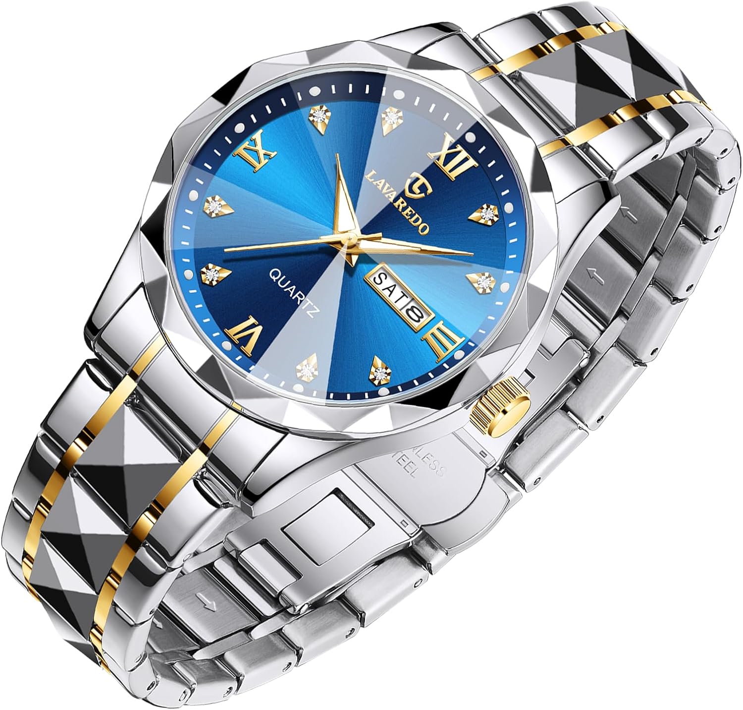 Mens Watches Stainless Steel Waterproof Luminous Date Two Tone Luxury Casual Wrist Watch Relojes para Hombres Watches for Men Diamond Business Dress Analog Quartz