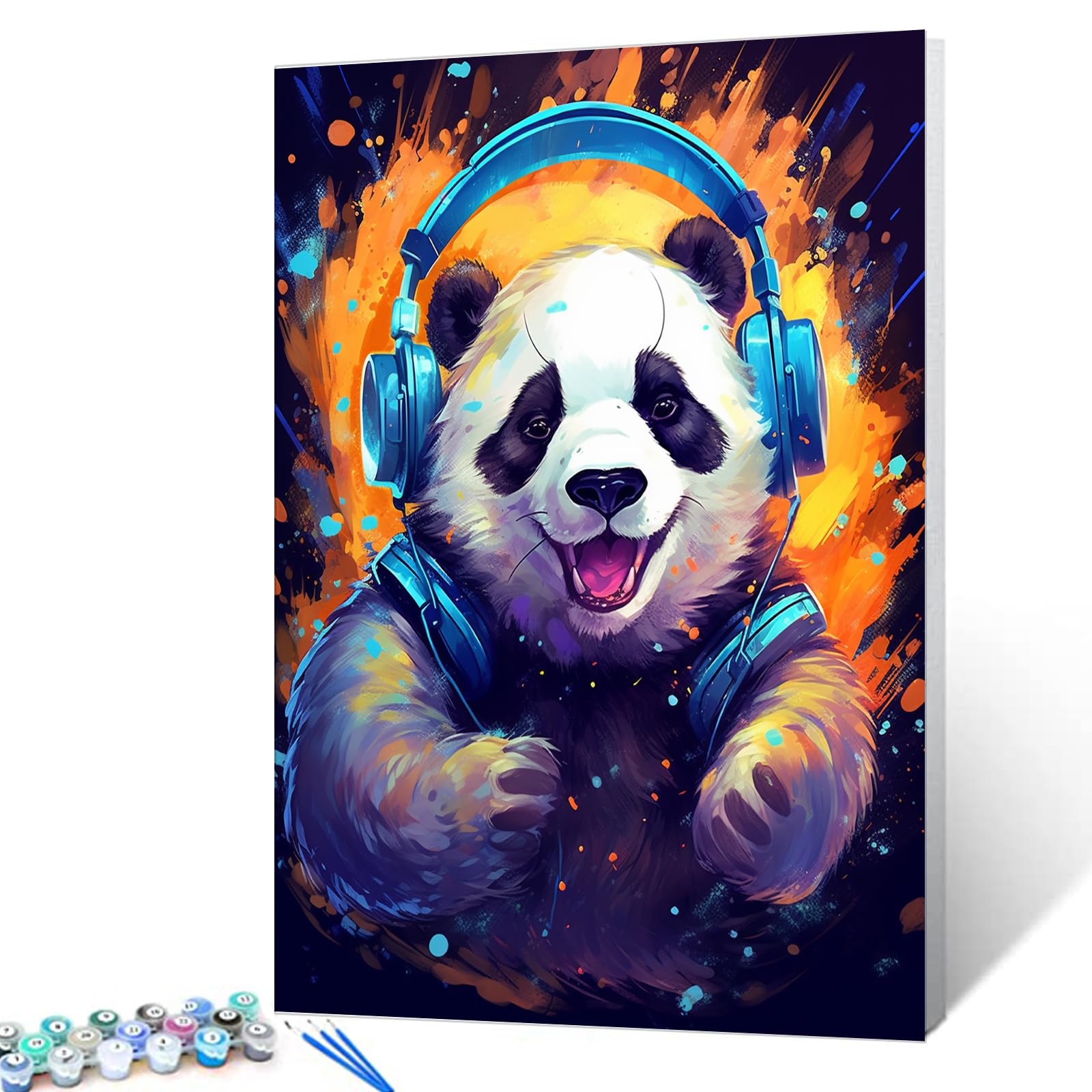 TUMOVO Fantasy Animal with Headphone Paint by Numbers for Adults Kids Graffitic Panda Oil Painting by Numbers for Beginner Rock Music Paintwork Men Cave Decor 16''Wx20''H Nordics Gift ?DIY Frame ?