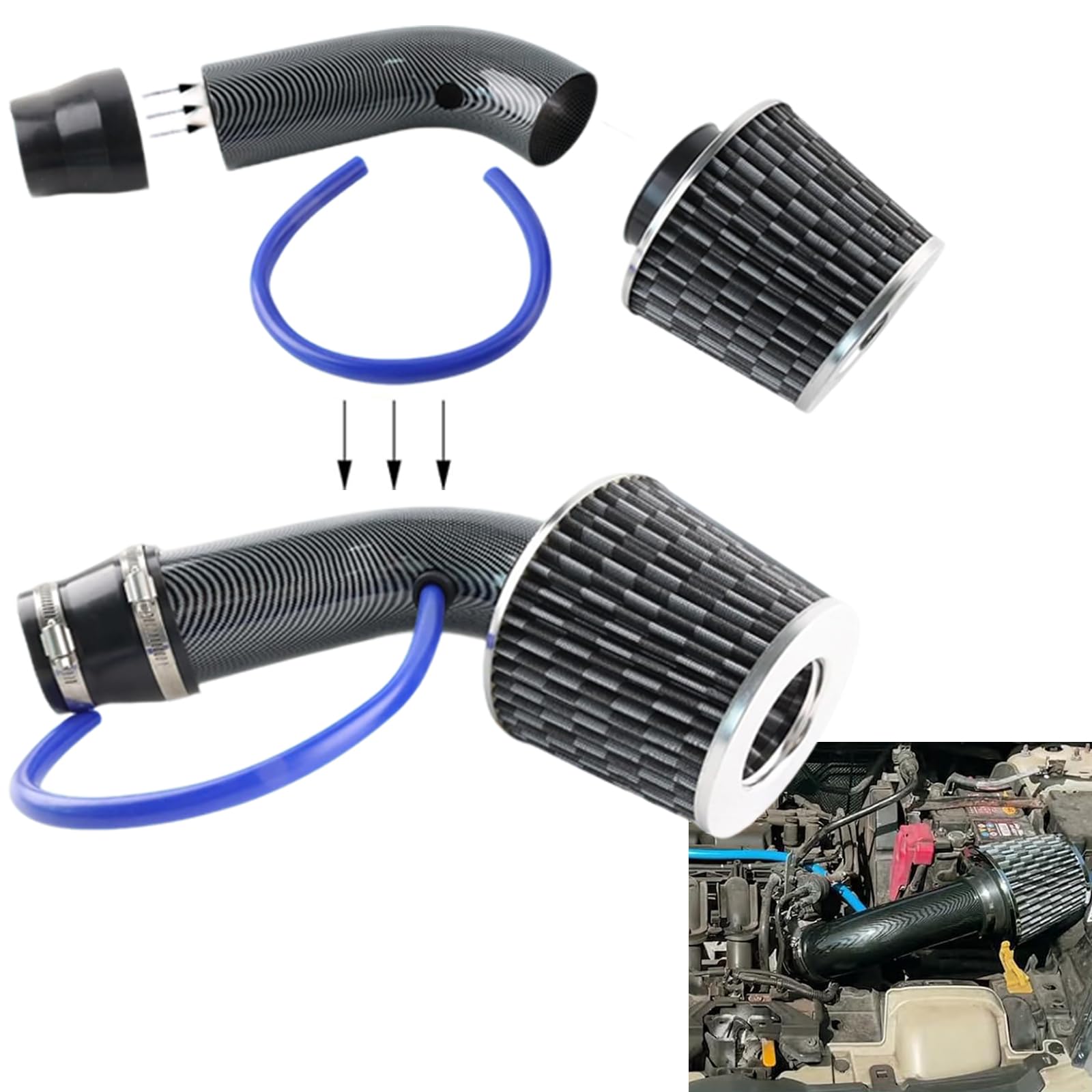 Kit filtro di aspirazione aria fredda – Kit di induzione dell'aria da 3" 76mm, filtro a cono universale performance con tubo in lega di alluminio, sistema di tubi flessibili di aspirazione per