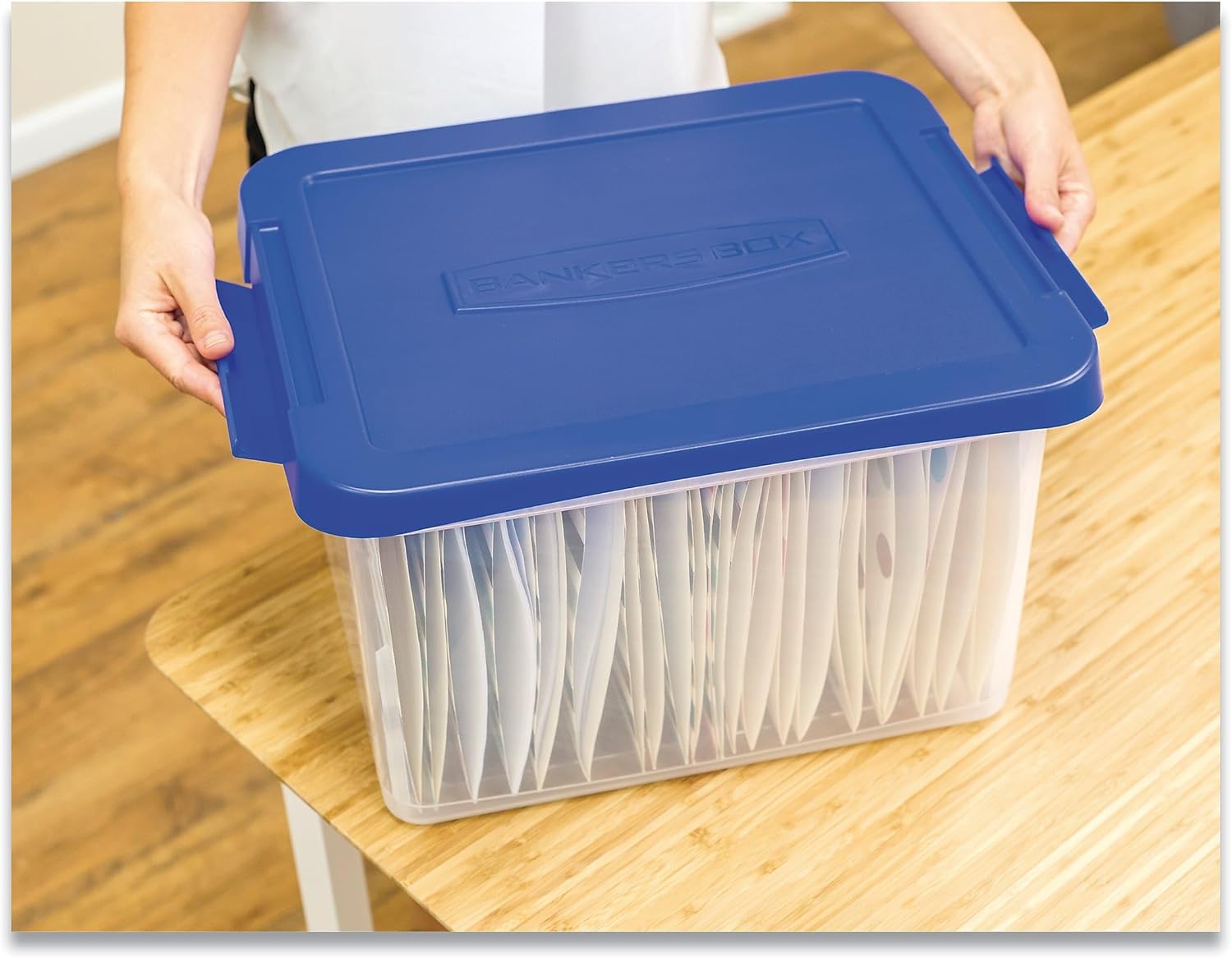 Bankers Box 0086202 Heavy Duty Plastic File Storage, Locking Lid, Letter/legal, Clear/blue, 2/pack