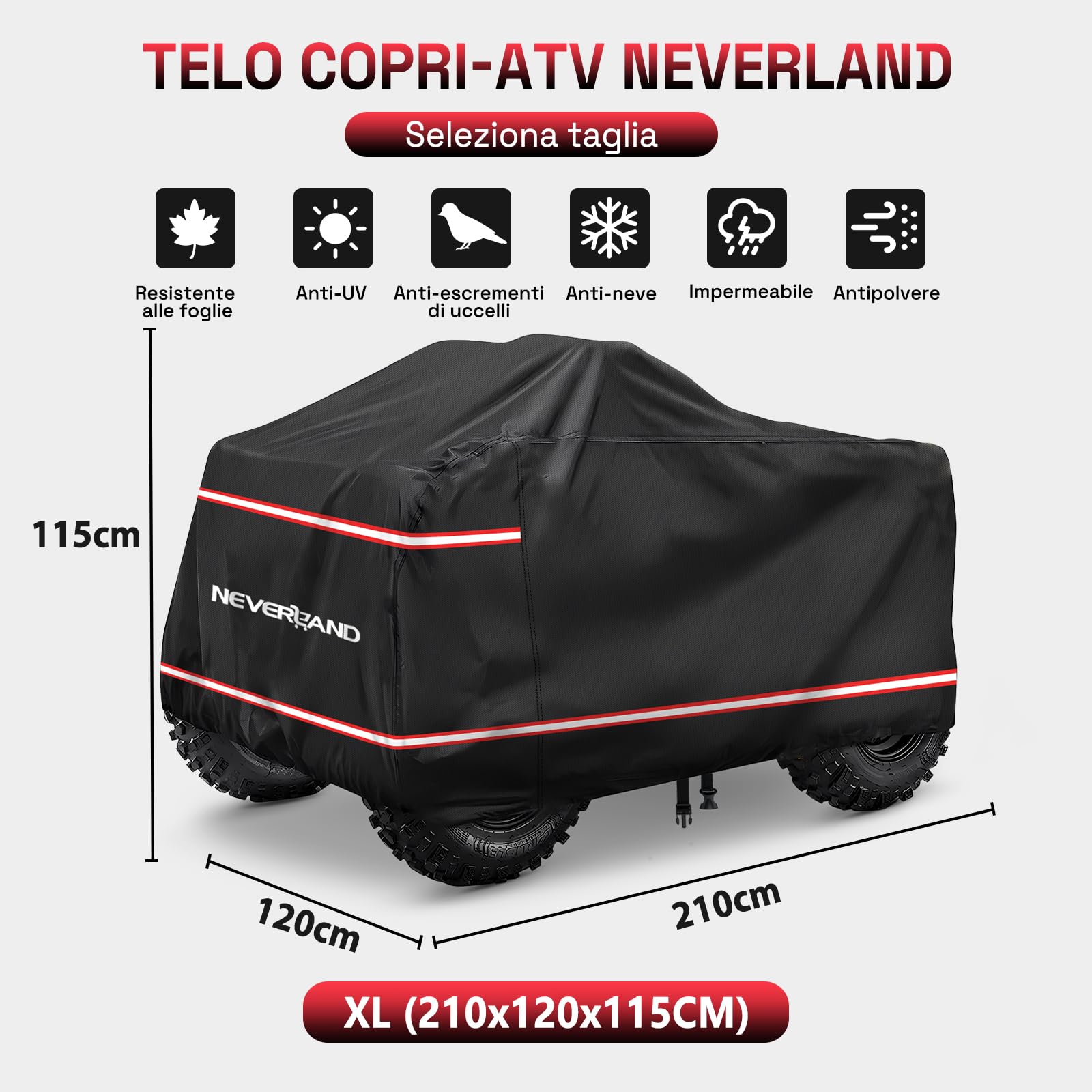 NEVERLAND Copertura ATV Quad 4 Ruote – Quad Protezione Impermeabile Oxford 210D Nero/Rosso con Strisce di Avvertimento Rosse, Elastico e Fibbie Antivento XL (210 x 120 x 115 cm)