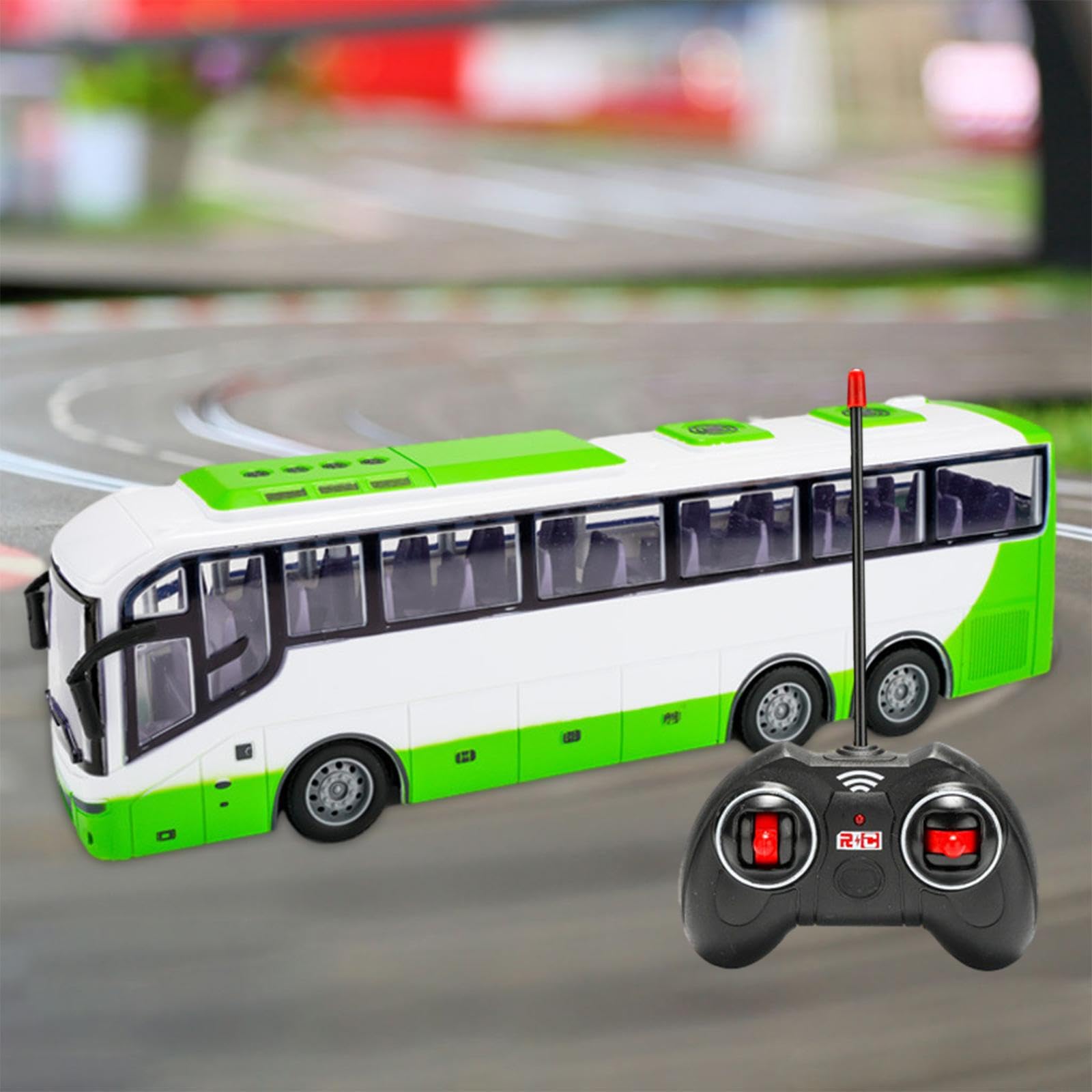 Autobús de Control Remoto Coche RC Vehículo Autobús de Ciudad Juguete RC con Luces LED Neumáticos de Goma Funciones Completa Y Alineación Ajustable Ad, Blanco Verde