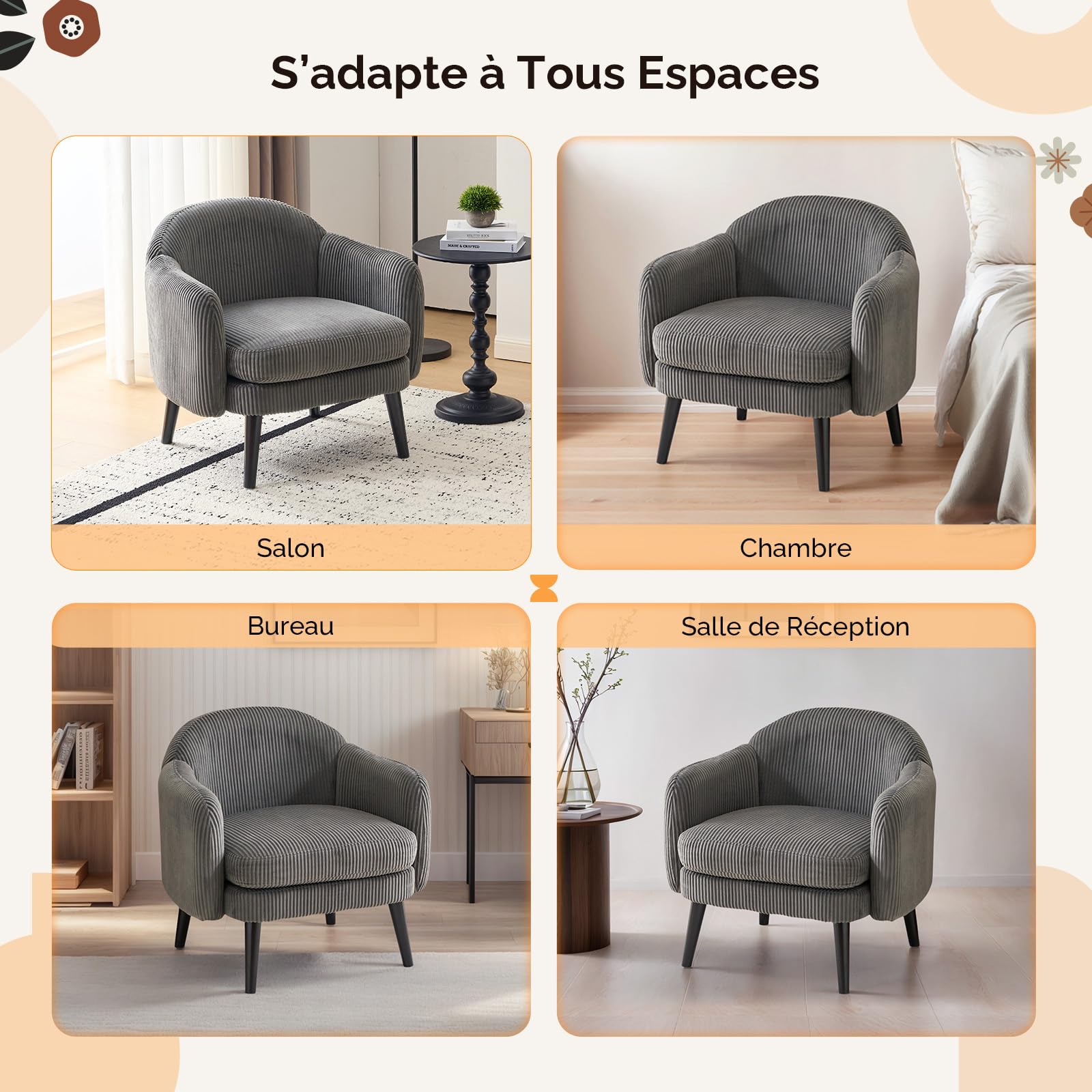 Bonnlo Fauteuil de Salon Moderne avec Accoudoirs, Canapé 1 Place avec Pieds en Bois Massif, Chaise de Bureau Rembourrée et de Forme Ronde, pour Salon, Chambre, Salle, Velours Côtelé, Gris Foncé
