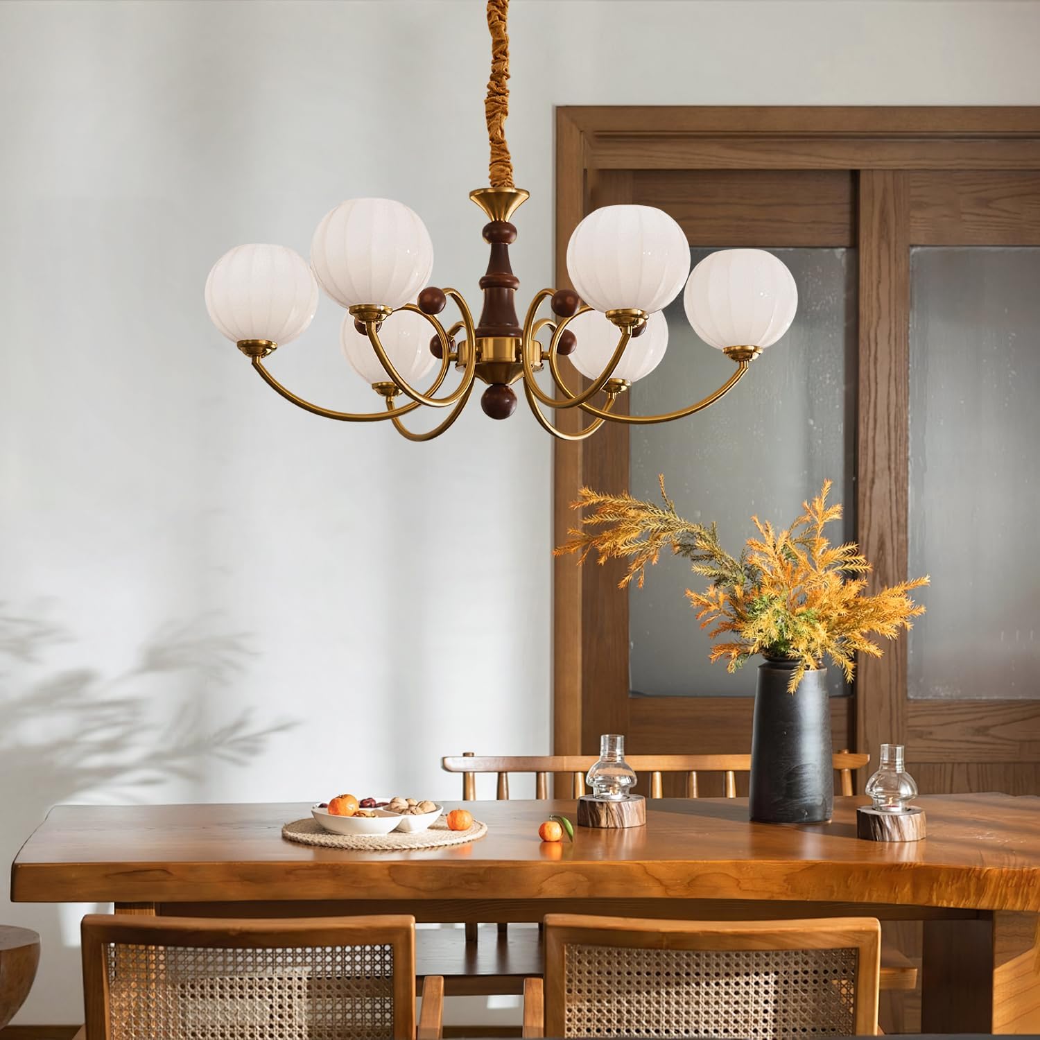 Mid Century Milk Glass Chandelier, Rustic Vintage Wood Chandelier Mid Century Farmhouse Ceiling Lamp Gold Sputnik Light Fixture for Living Room Dining Room Bedroom