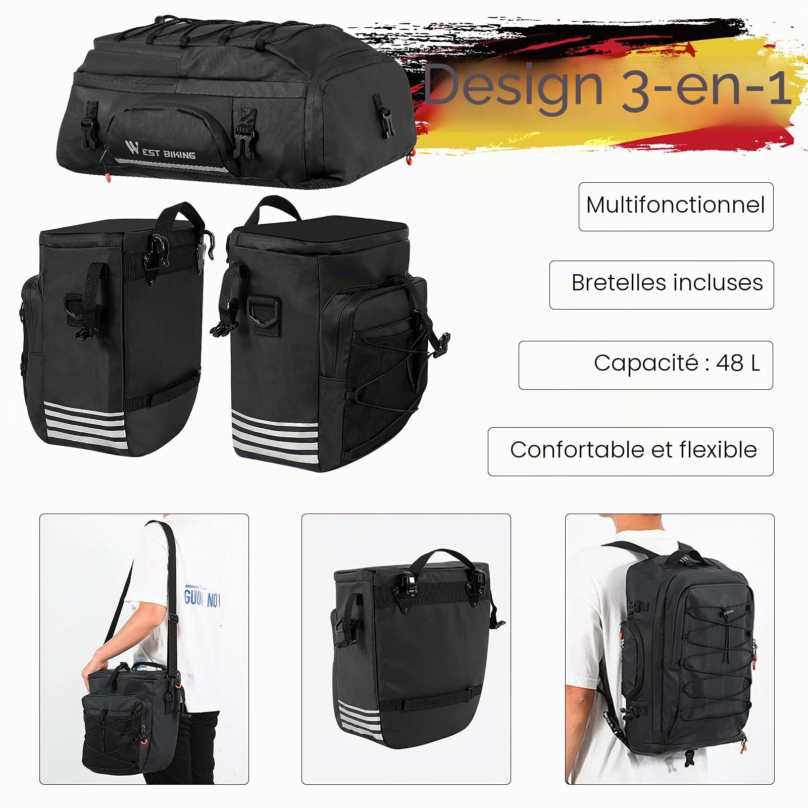 XIQI 48L Sacoche Vélo Porte-Bagage Arrière l Sacoche Vélo 3 en 1 Double Sacoches Velo，Sacoche de Siège Arrière de vélo avec Couverture Imperméable,étanche Cycle Pannier Sacoches Velo pour VTT